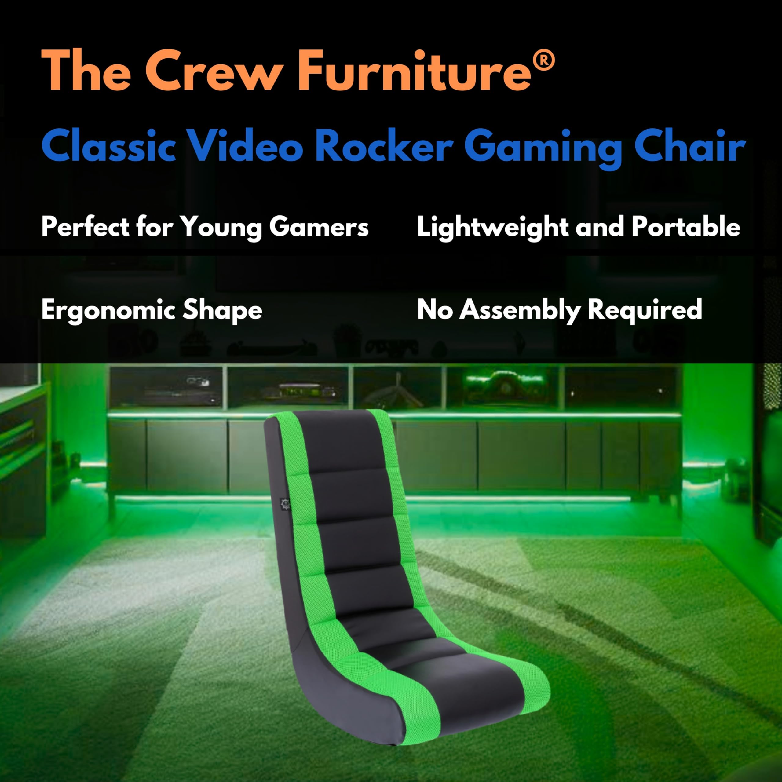 The Crew Furniture Classic Video Rocker Floor Gaming Chair, Kids And Teens, Racing Stripe Pu Faux Leather & Polyester Mesh, Black/Green