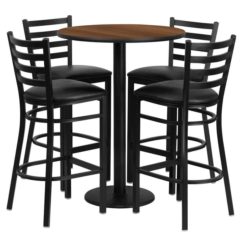 Flash Furniture Jamie 30'' Round Walnut Laminate Table Set with Round Base and 4 Ladder Back Metal Barstools - Black Vinyl Seat