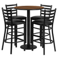 Flash Furniture Jamie 30'' Round Walnut Laminate Table Set with Round Base and 4 Ladder Back Metal Barstools - Black Vinyl Seat