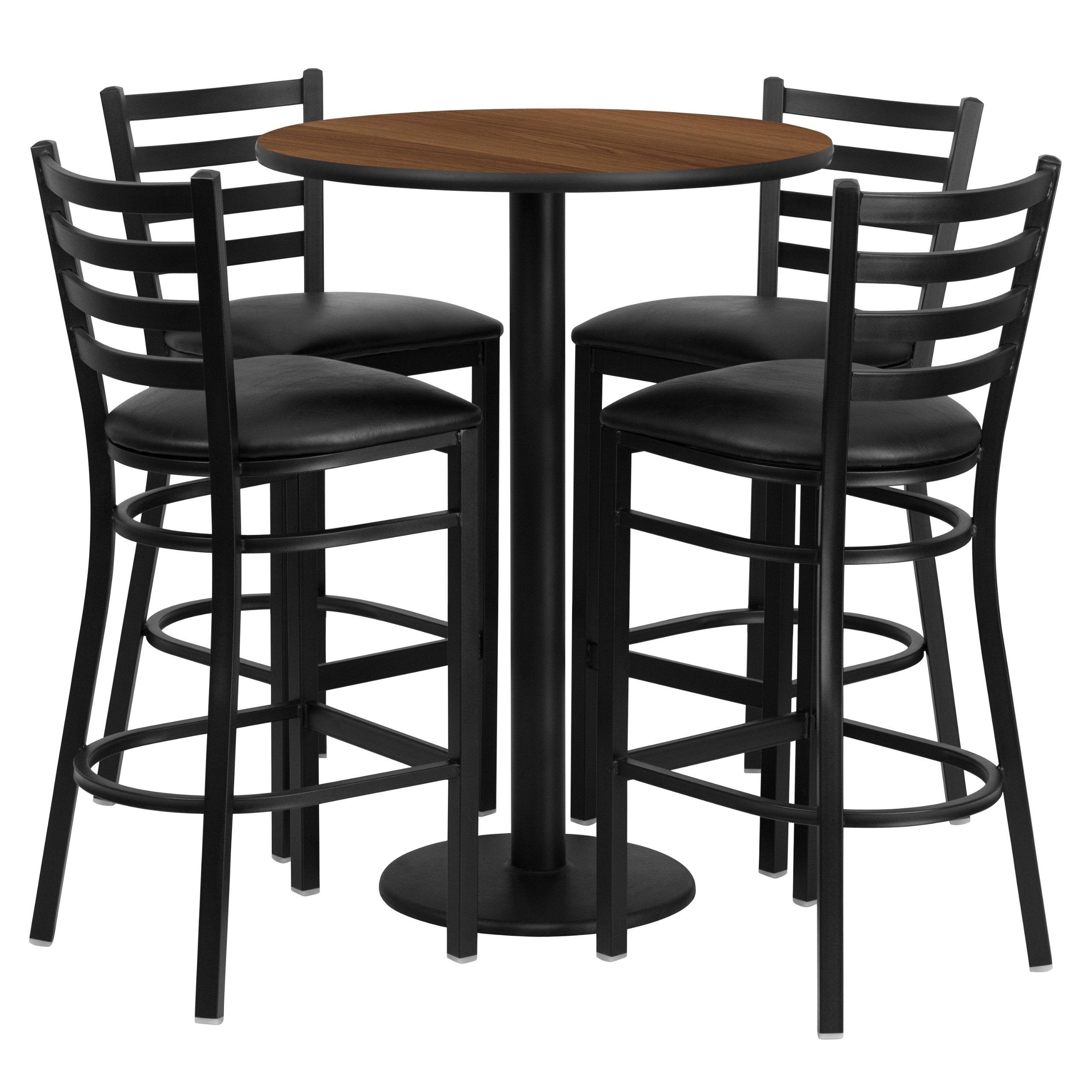 Flash Furniture Jamie 30'' Round Walnut Laminate Table Set with Round Base and 4 Ladder Back Metal Barstools - Black Vinyl Seat