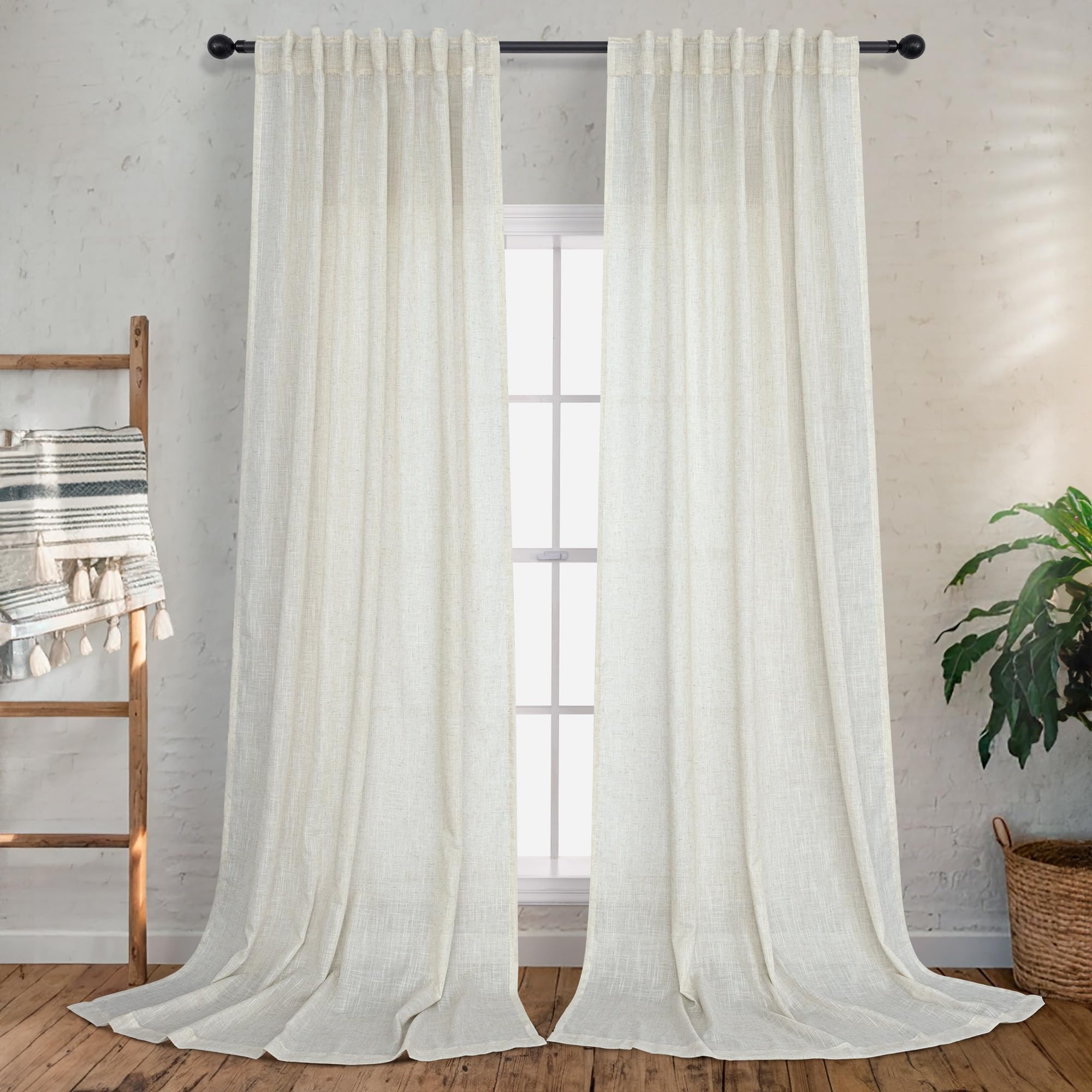 Cream Natural Linen Curtains 90 Inch Length 2 Panel Set For Living Room Dining Back Tab Rod Pocket Pinch Pleated Window Curtain