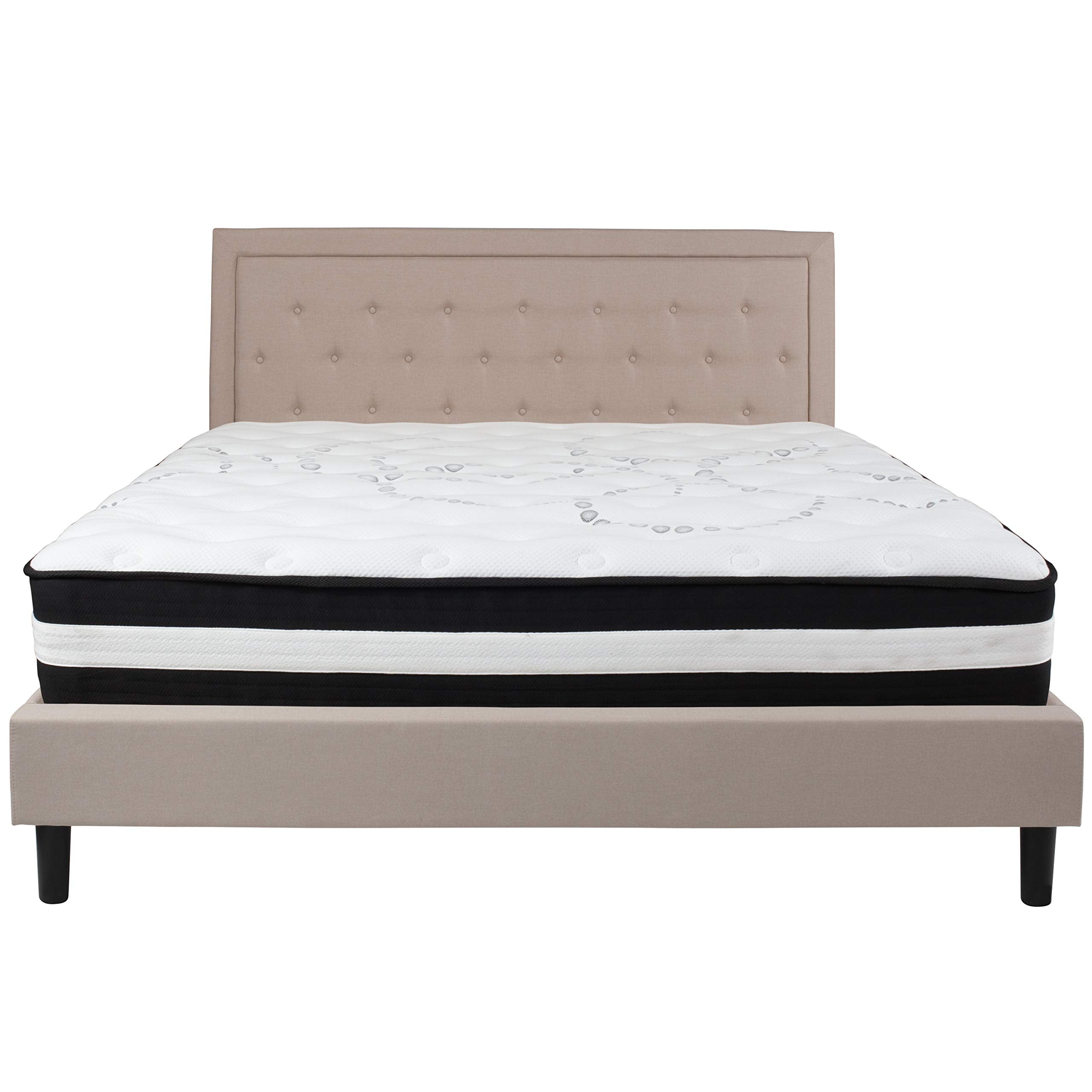 Flash Furniture Roxbury King Size Tufted Upholstered Platform Bed In Beige Fabric With Pocket Spring Mattress