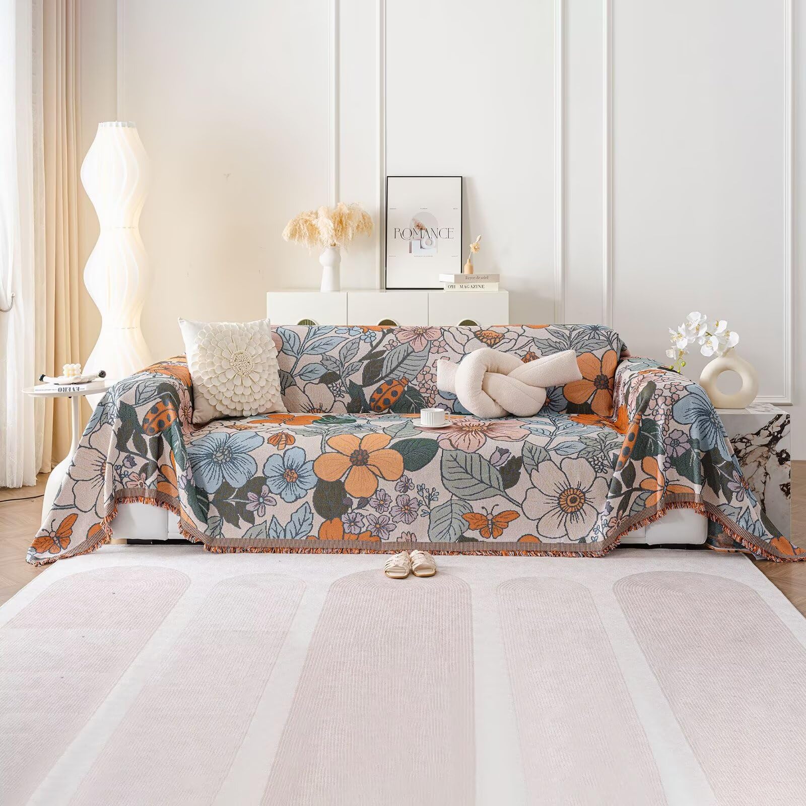 VClife Soft Cotton Linen Couch Covers Modern Colorful Floral Butterfly Jacquard Sofa Cover for 2-3 Cushion Couch Sofa Anti Slip 