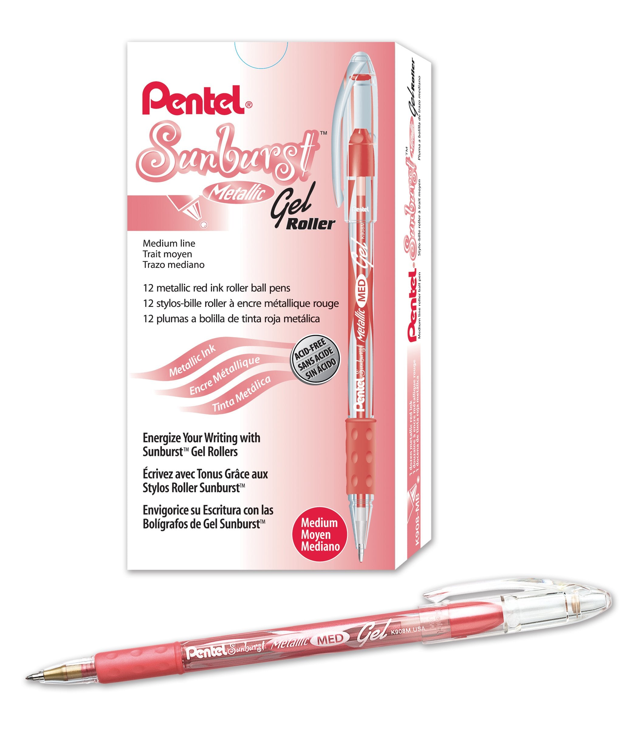 Pentel Sunburst Metallic Gel Pen, 0.8Mm Tip Writes 0.4Mm Line, Red/Transparent Barrel Red Ink, Box Of 12 (K908-Mb)