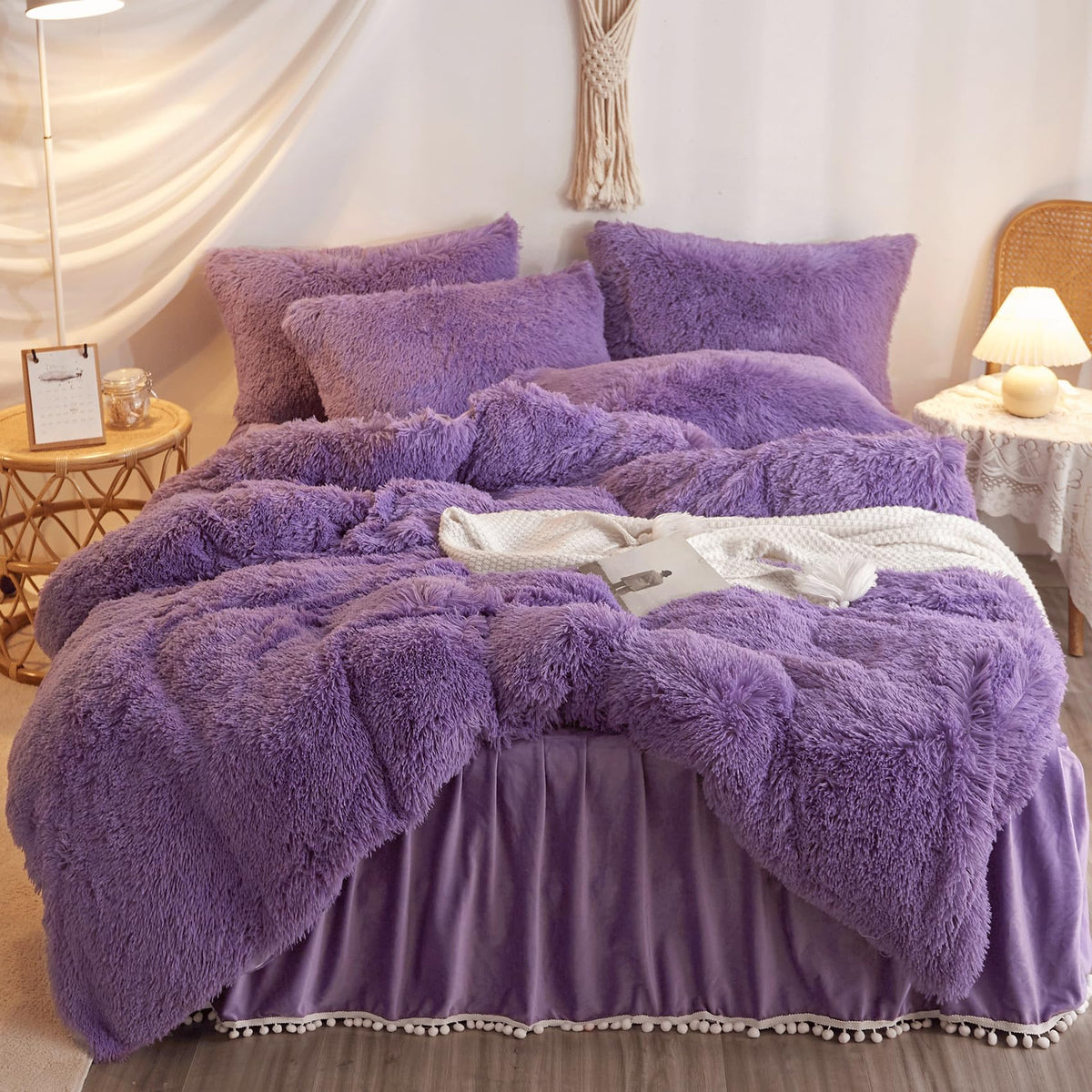 Haihua Fluffy Purple Comforter Cover Twin Set,Faux Fur Purple Comforter Set 2 Pieces(1 Plush Duvet Cover +1 Shaggy Pillowcases)
