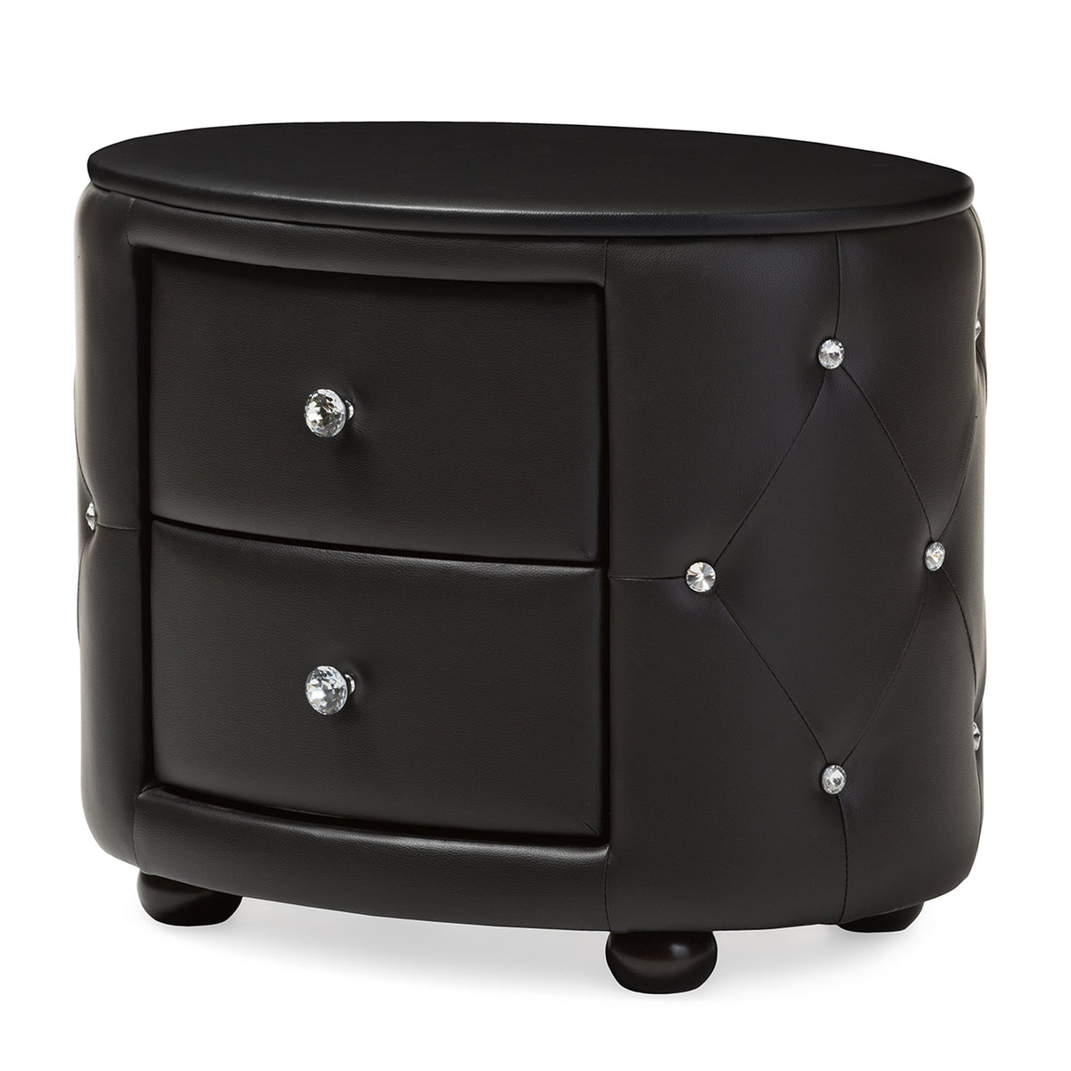 Baxton Studio Davina Hollywood Glamour Style Oval 2-Drawer Faux Leather Upholstered Nightstand, Medium, Black