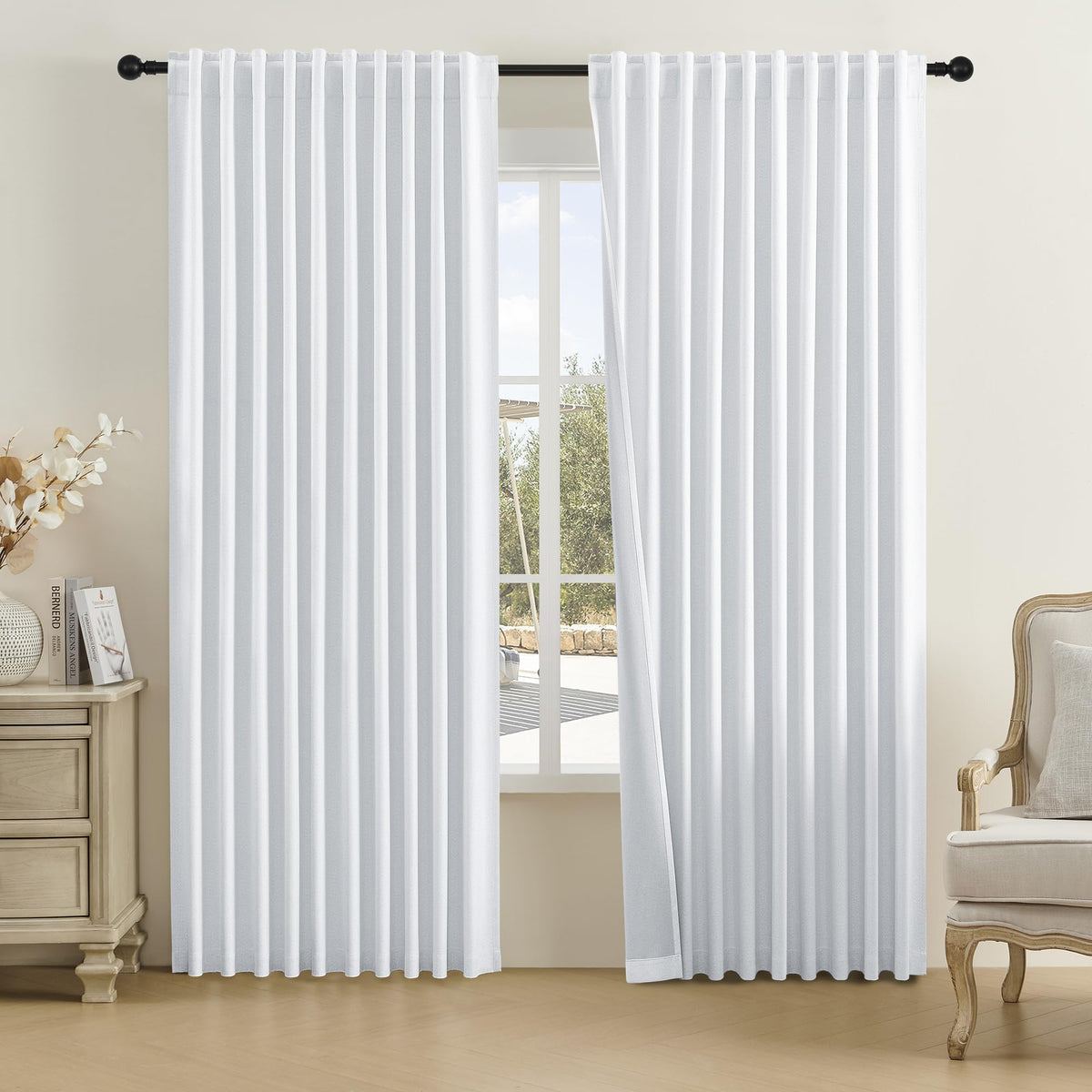 Dualife 100% Linen Blackout Curtains For Ceiling Track System Back Tab, Loop Pocket Curtains 84 Inch Wide Pinch Pleated Drapes F