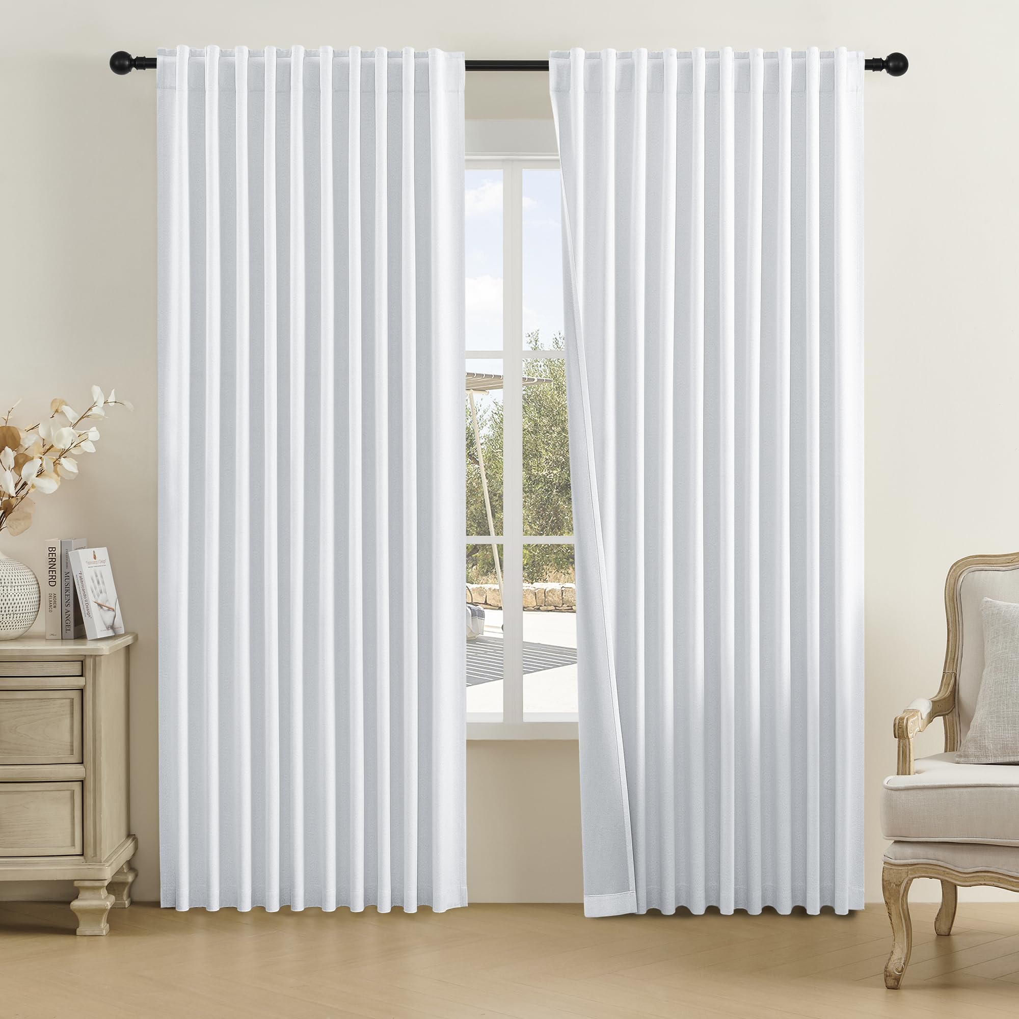 Dualife 100% Linen Blackout Curtains For Ceiling Track System Back Tab, Loop Pocket Curtains 84 Inch Wide Pinch Pleated Drapes F