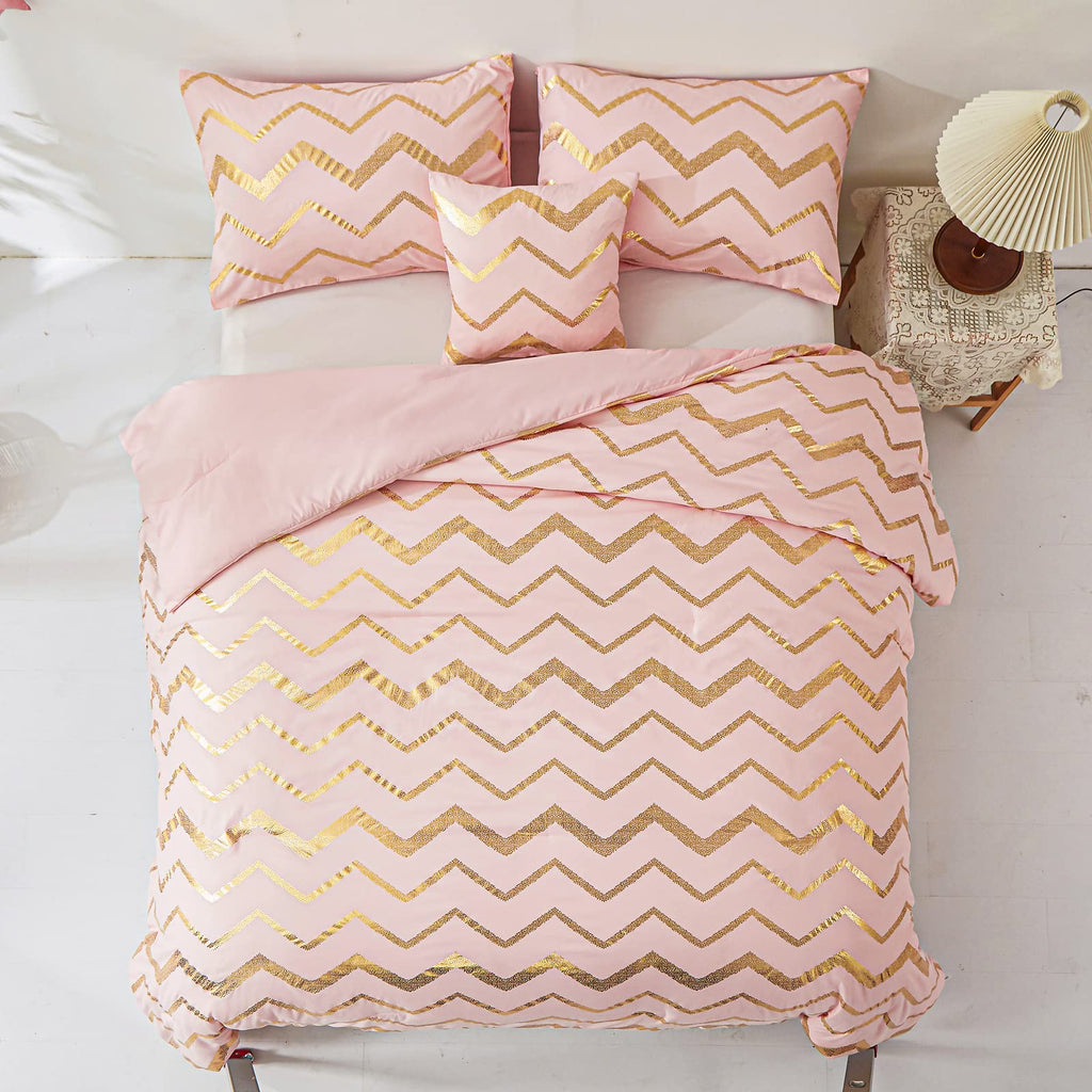 Pink Comforter Set King Size Metallic Blush And Rose Gold Bedding Set, 4 Piece Lightweight Microfiber Comforter For Teen Girls W