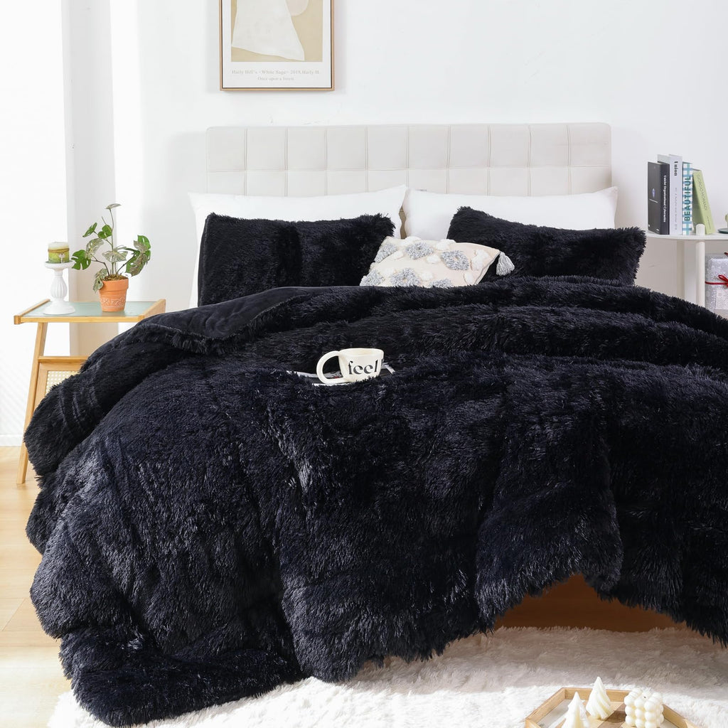 Smoofy Faux Fur Black Comforter Set Twin Size 2Pcs Fluffy Fuzzy Plush Comforter Set Cute Soft Shaggy Velvet Double-Sided Bedding