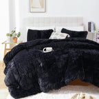 Smoofy Faux Fur Black Comforter Set Twin Size 2Pcs Fluffy Fuzzy Plush Comforter Set Cute Soft Shaggy Velvet Double-Sided Bedding