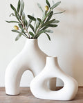 Carrots Den Donut Vase, Set of 2 - Minimalist Nordic, White Ceramic Hollow Donut Vase Decor | Table Centerpiece, Olive Plant, W
