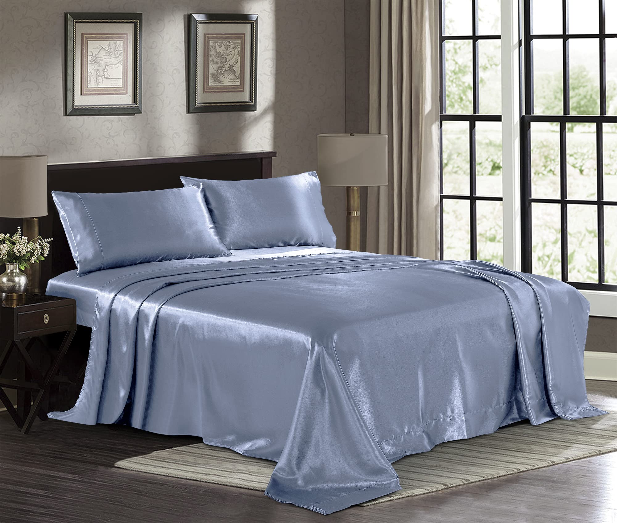 Satin Sheets Twin [3-Piece, Skyblue] Hotel Luxury Silky Bed Sheets - Extra Soft 1800 Microfiber Sheet Set, Wrinkle, Fade, Stain