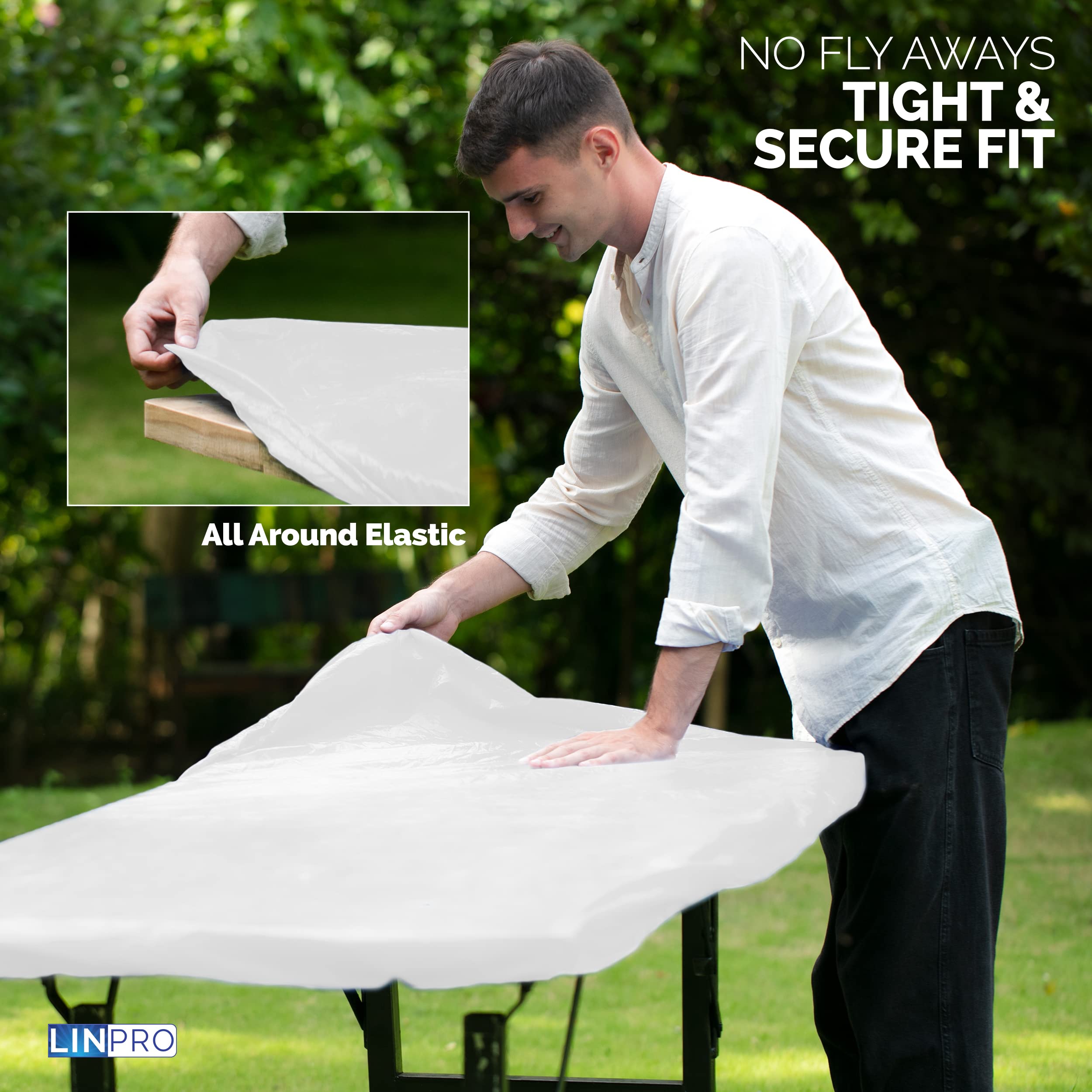 Linpro 5Pk Plastic Table Cloths Disposable For Parties 8Ft Picnic Table Covers With Elastic Fitted Camping Tablecloth Elastic Table Cover Rectangle White Tablecloth Waterproof Outdoor & Folding Tables