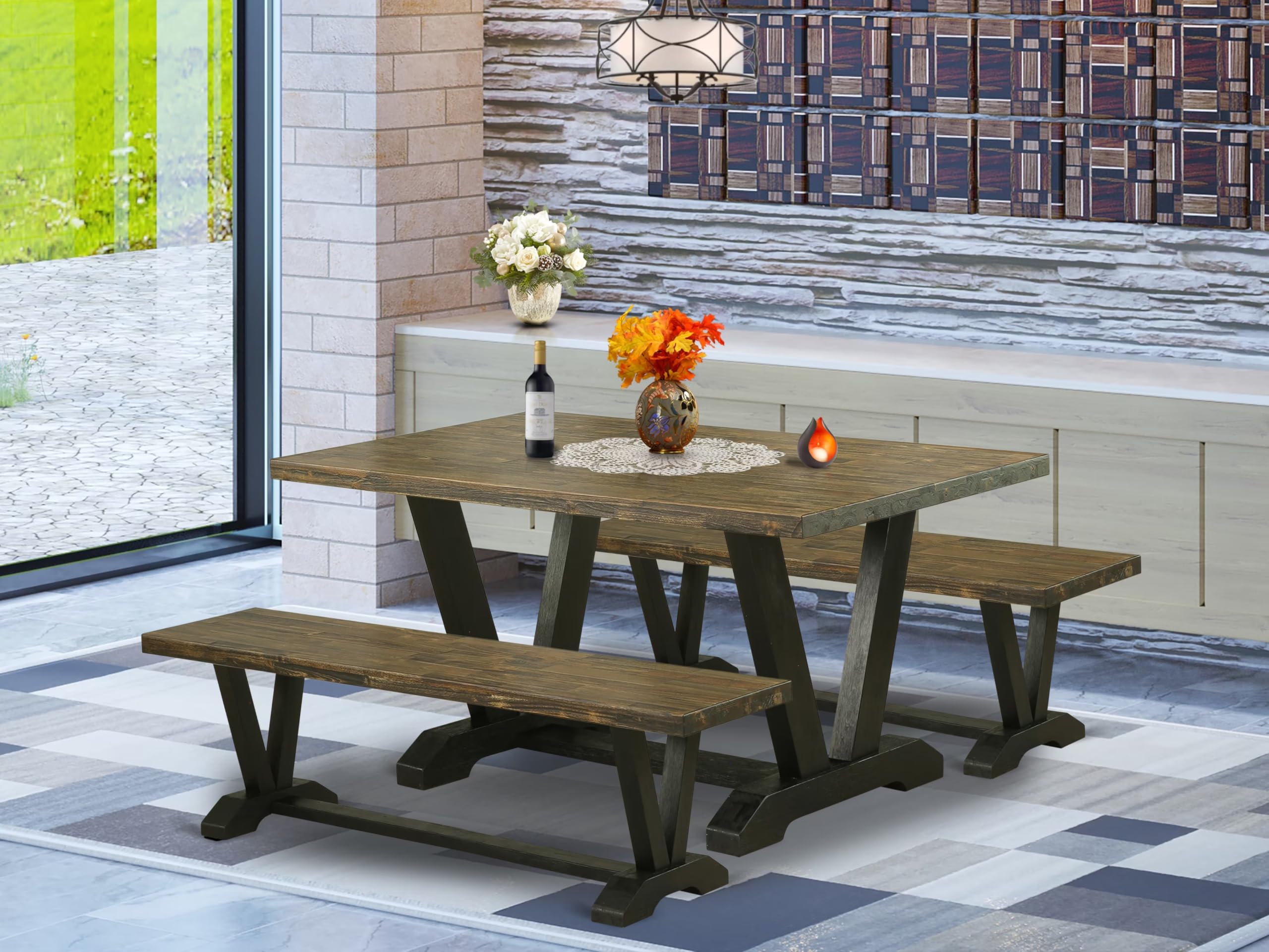 East West Furniture V2-676 3 Piece Dining Table Set for Small Spaces Contains a Rectangle Dining Room Table with V-Legs and 2 Dining Bench, 36x60 Inch, Multi-Color