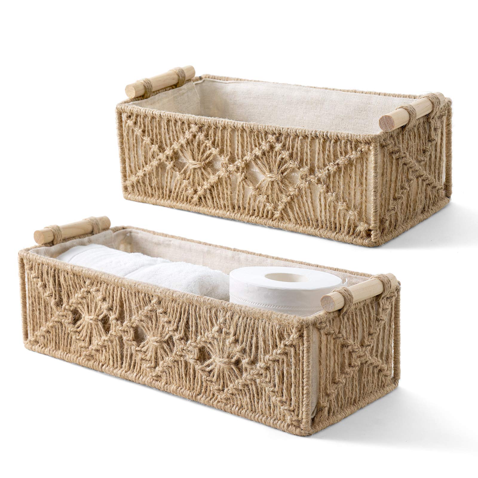 Mkono Macrame Storage Baskets Boho Decor Box Handmade Woven Decorative Countertop Toilet Tank Shelf Cabinet Organizer for Bedroo