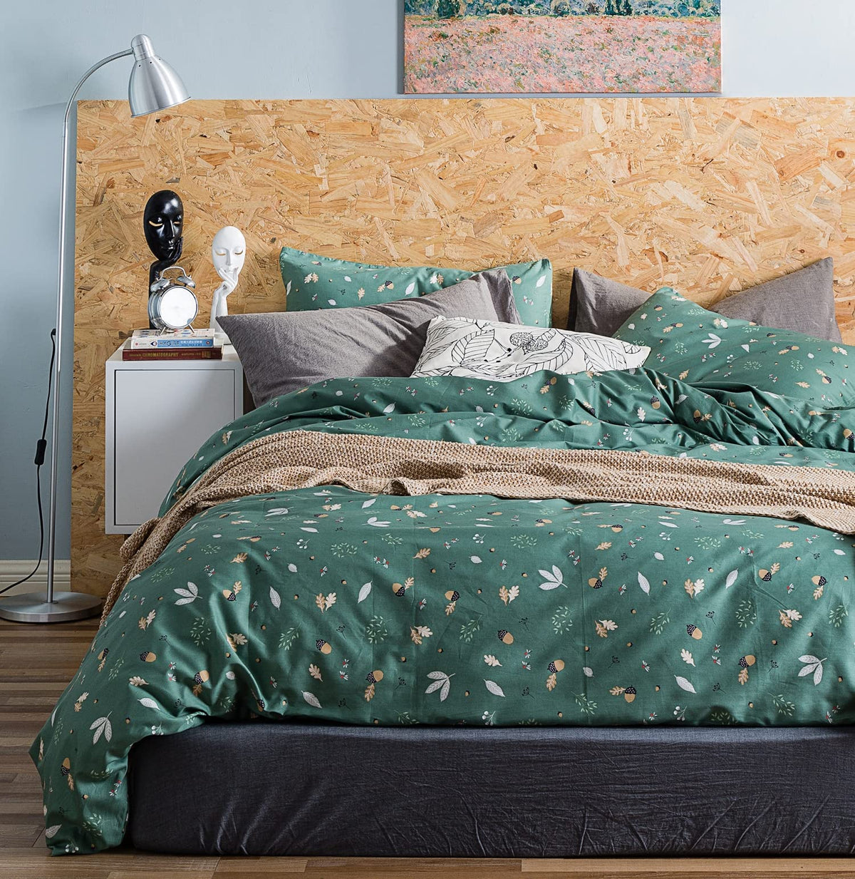 Yuheguoji Botanical Duvet Cover King Size 100% Cotton Green Duvet Cover 3 Pcs Set 1 Farmhouse Dark Green Leaves Patterned Duvet