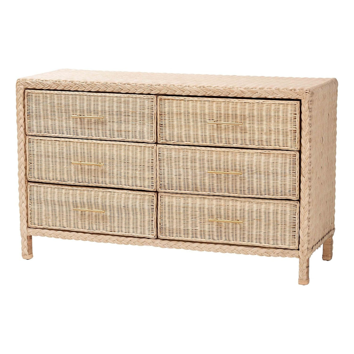 bali & pari Lanica Japandi Sun-Bleached Braided Rattan 6-Drawer Dresser