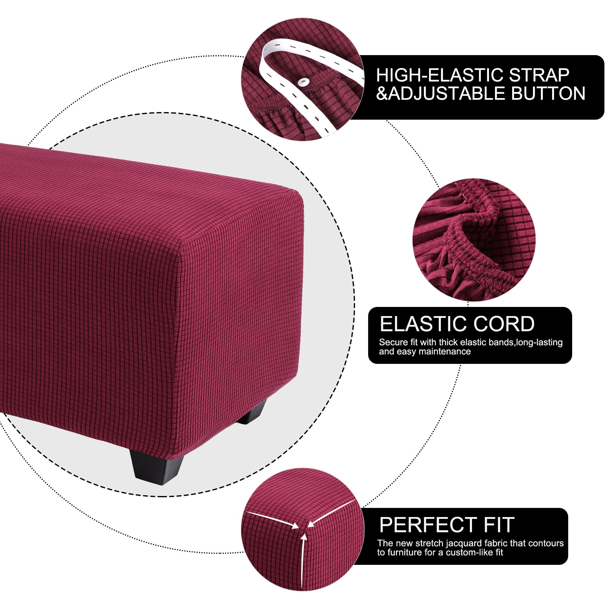 Piccocasa High Stretch Ottoman Cover With Elastic Bottom, Soft Slipcover Jacquard Fabric Small Checks Rectangle Storage Stool Co