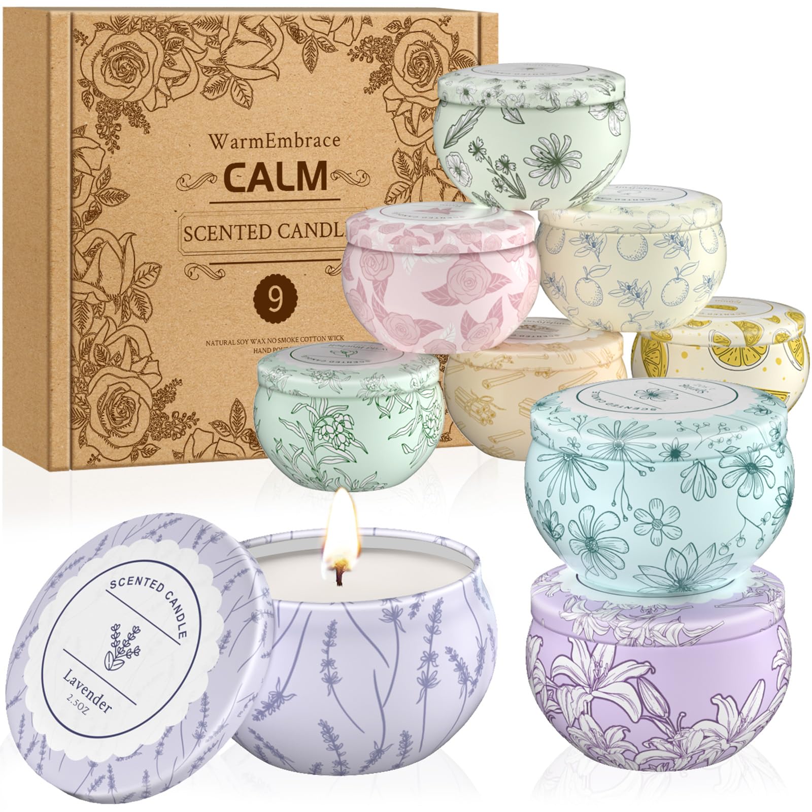 WarmEmbrace Scented Candles, Candle Set of 9, Long-Lasting Candles for Women, Candle Present Set for Birthday, Christmas, Mother
