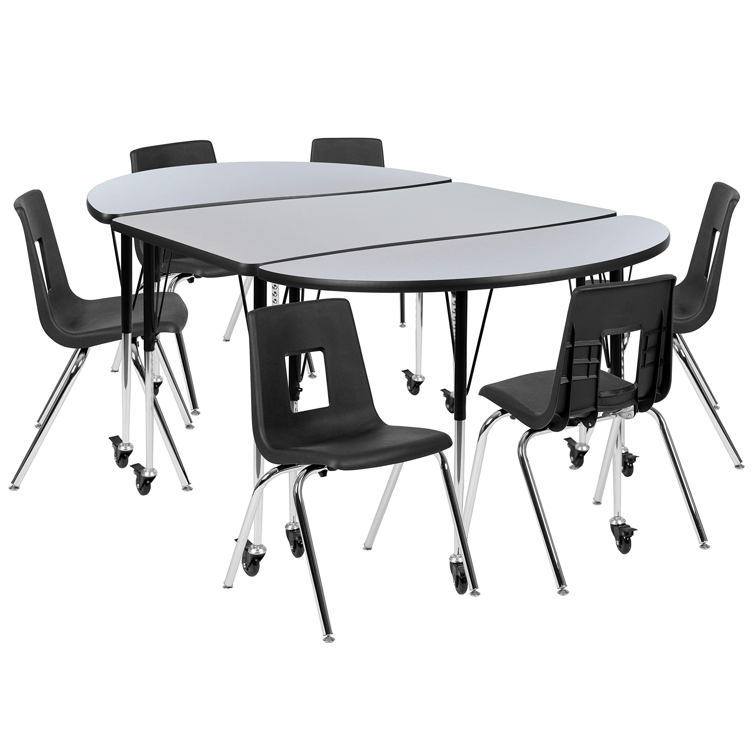 Flash Furniture Mobile 76' Oval Wave Collaborative Laminate Activity Table Set With 18' Student Stack Chairs, Grey/Black