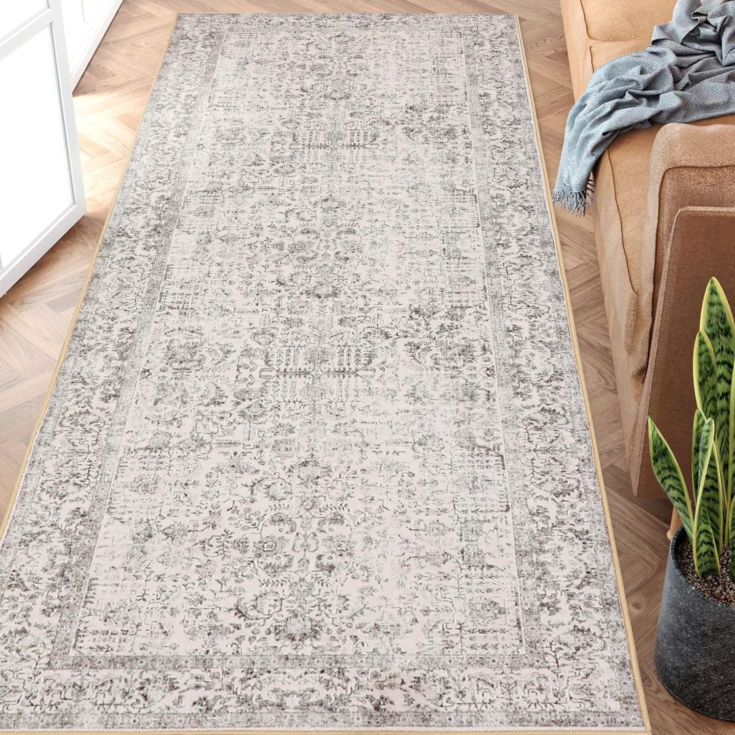 PureCozy Grey Runner Rug 2x6 Indoor Vintage Area Rug Hallway Kitchen Bedroom Rug Washable Living Room Carpet Retro Floral Accent