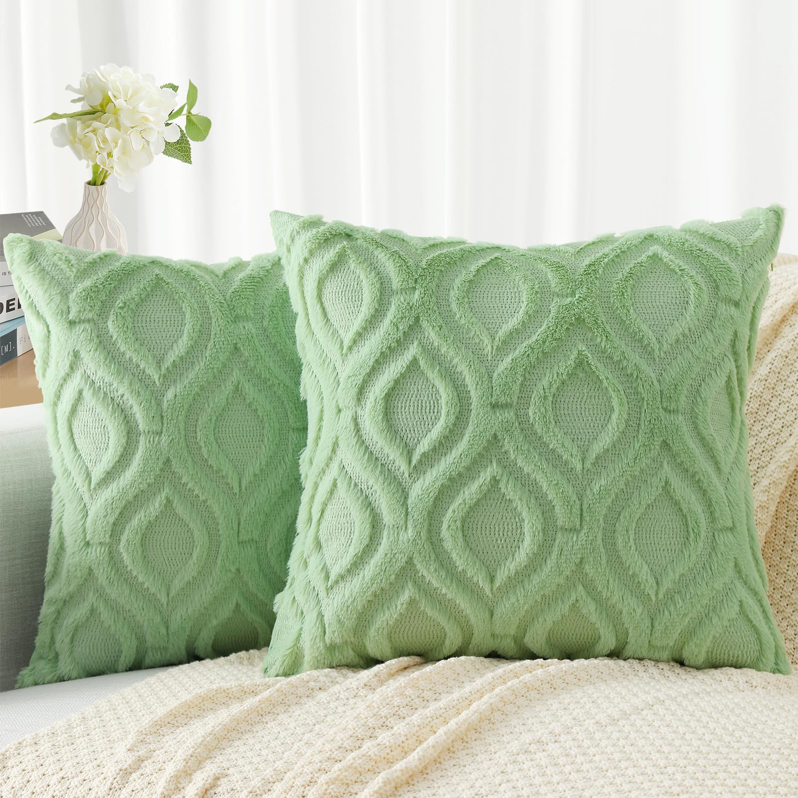 Decoruhome Decorative Throw Pillow Covers 16X16, Soft Plush Faux Wool Couch Pillow Covers For Home, Set Of 2, Sage Green