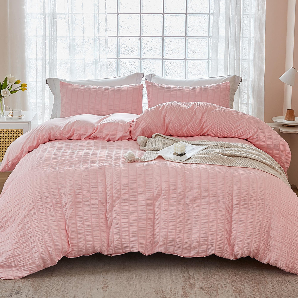 Avelom Blush Pink Seersucker Duvet Cover Set Queen Size (90 X 90 Inches), 3 Pieces (1 Duvet Cover + 2 Pillow Cases), Ultra Soft Washed Microfiber, Textured Duvet Cover With Zipper Closure, Corner Ties