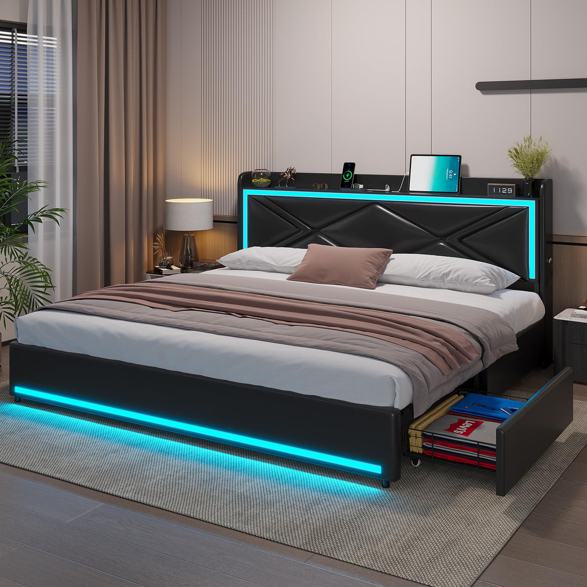 Hauoms King Bed Frame With Storage Drawers And Led Lights, Pu Leather Platform Bed King Size With Headboard Storage, Type-C & Us