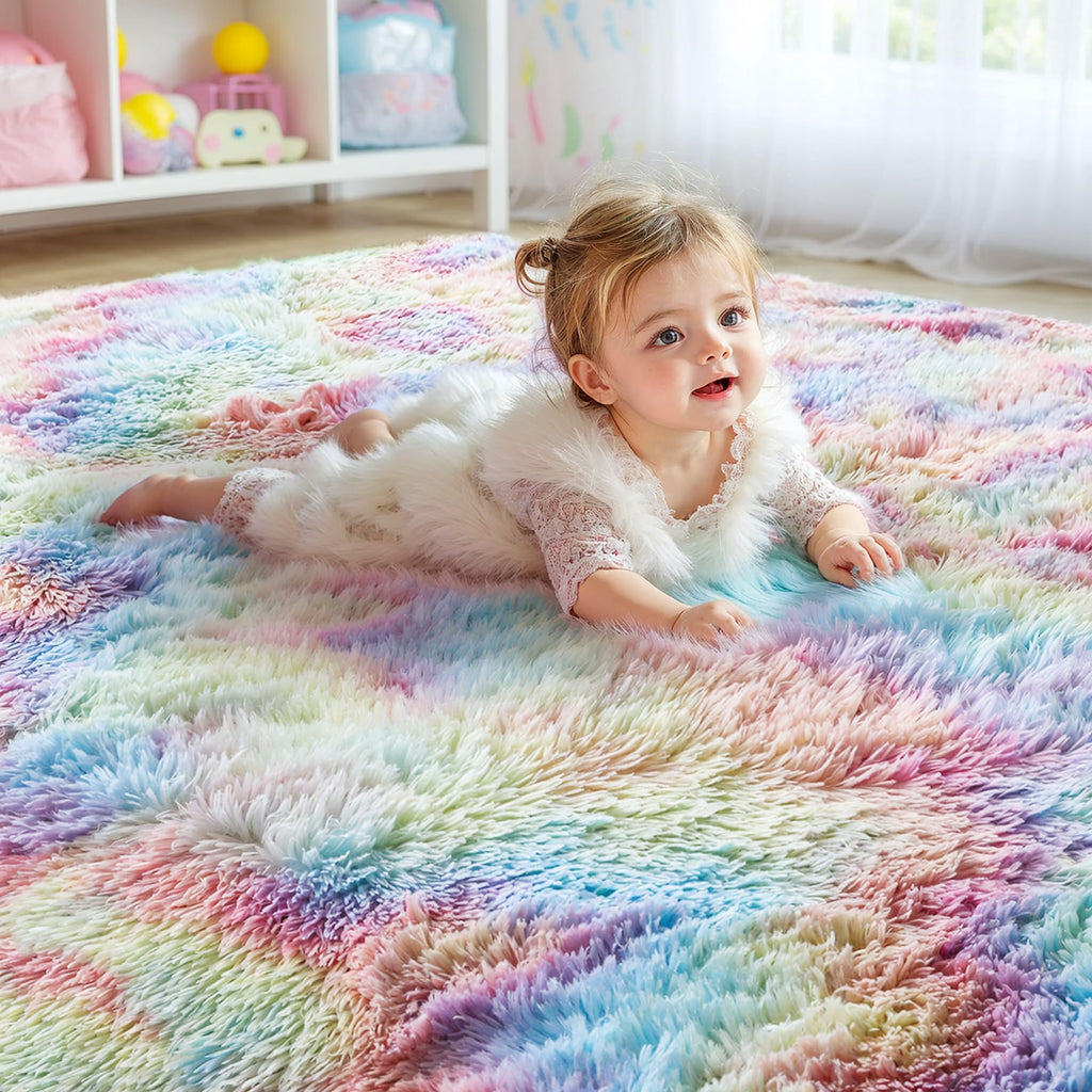 Kchowua 3X5 Unicorn Thick Fluffy Fuzzy Rugs For Girls Bedroom,Machine Washable Non Slip Pastel Shag Shaggy Rug For Living Room,T