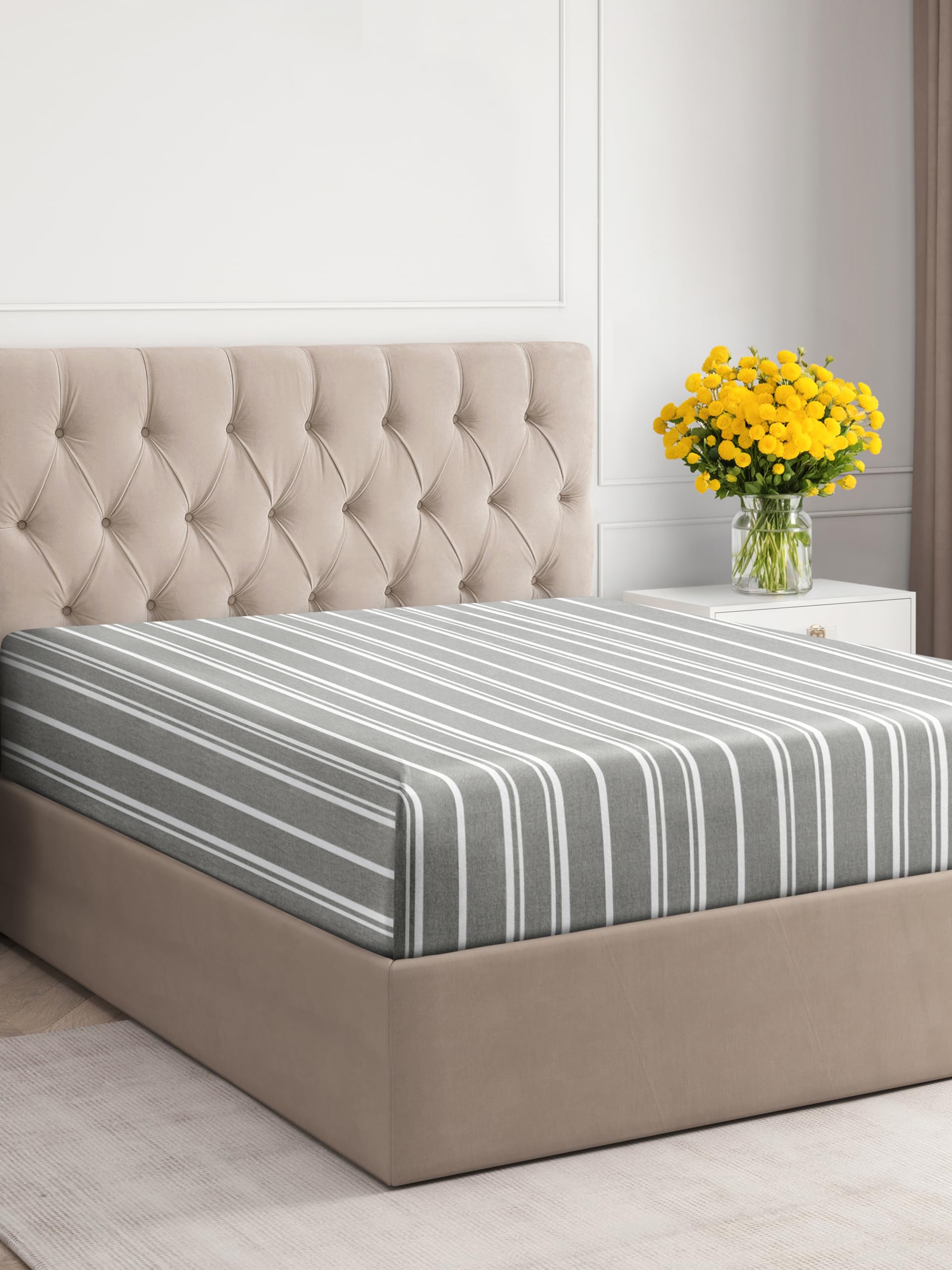 King Size Fitted Bed Sheet - Hotel Luxury Single Fitted Bottom Sheet Only - Fits Mattress Between 8 To 16 Inches - Deep Pockets, Extra Soft And Wrinkle Free - Comfy Breathable & Cooling - Grey Stripes