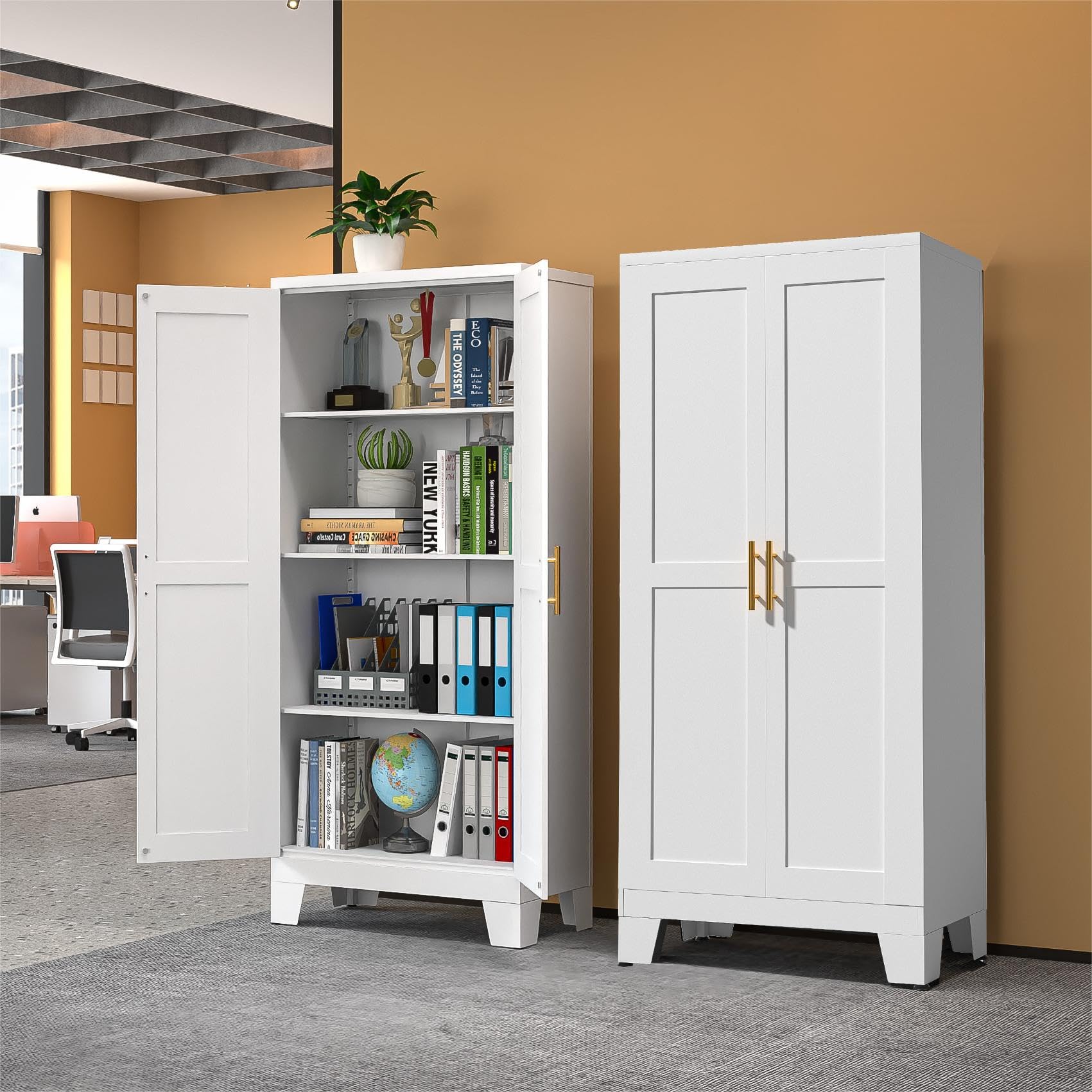 RISTERN White Metal Storage Cabinet, 61  Steel Cabinets for Home Office, Kitchen Pantry Storage Cabinet with Doors and 3 Adjusta