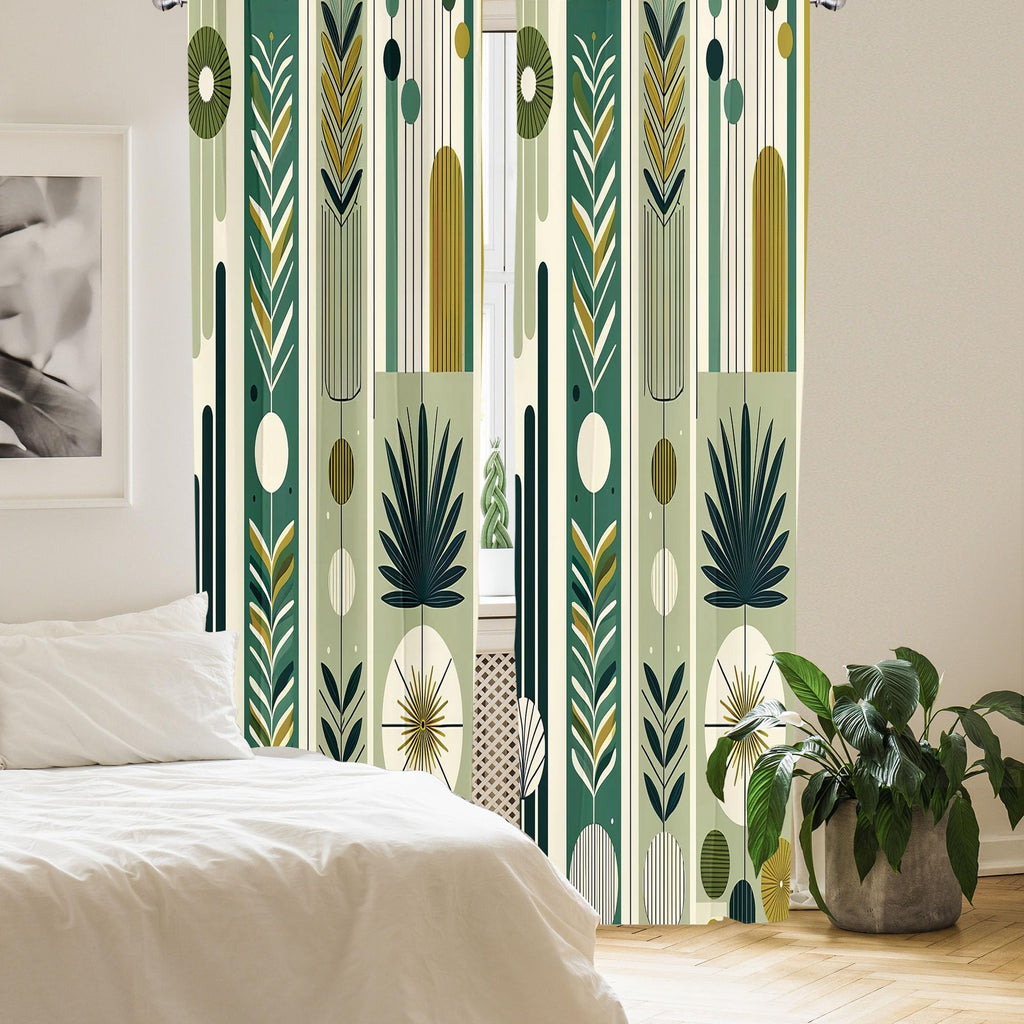 Ambesonne Mid Century Modern Curtains, Abstract Circles Leaves And Stripes In Nature Color Palette, Window Treatments 2 Panel Se