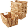 Casafield Set of 4 Water Hyacinth Storage Baskets with Handles - Natural, Woven Rectangular Storage Bins for Shelves, Blankets, 
