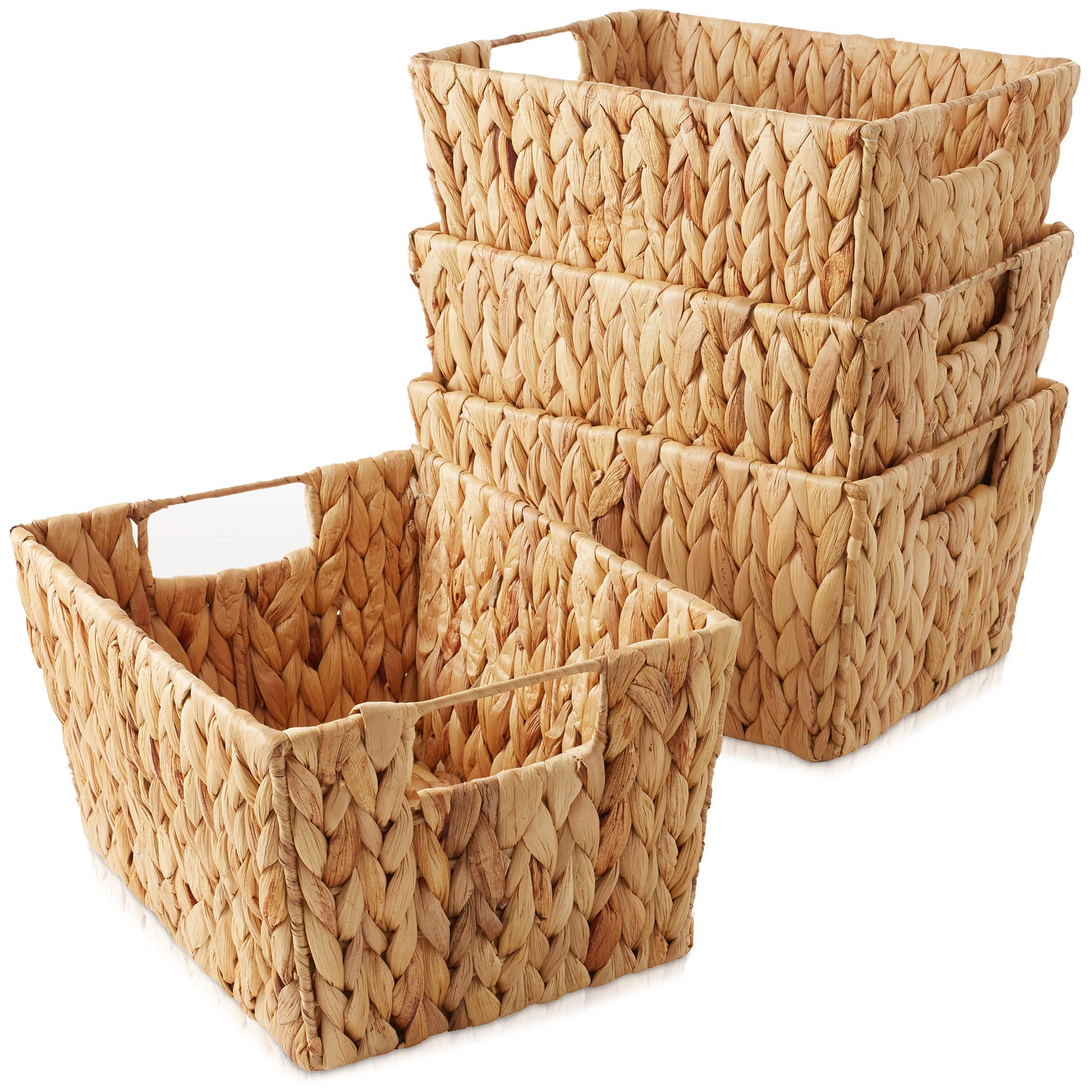 Casafield Set of 4 Water Hyacinth Storage Baskets with Handles - Natural, Woven Rectangular Storage Bins for Shelves, Blankets, 