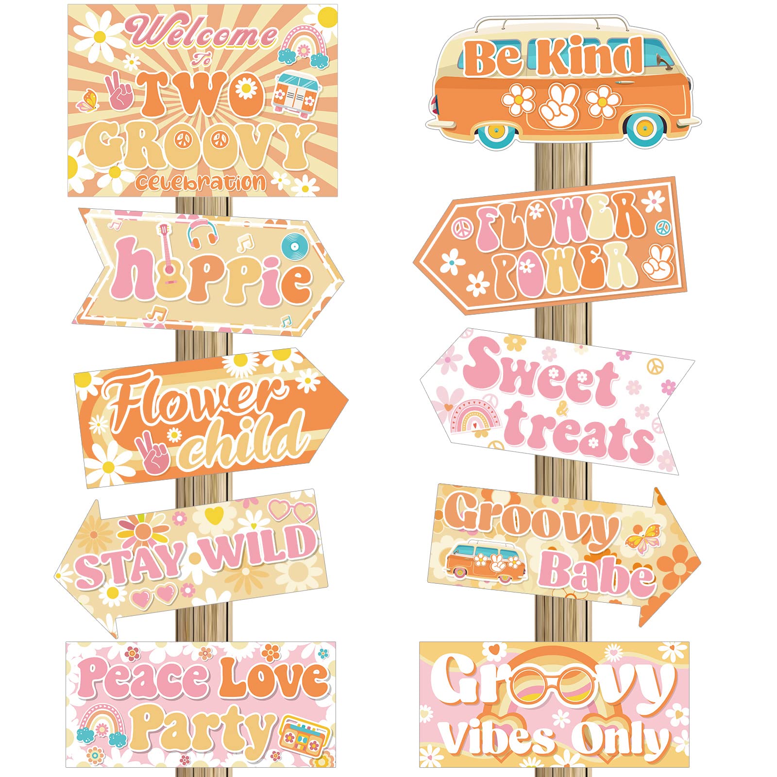 Jecery 20 Pcs Two Groovy Party Decorations Retro Hippie Boho Party Signs 60s Retro Decor Groovy Party Decorations Boho Hippie W