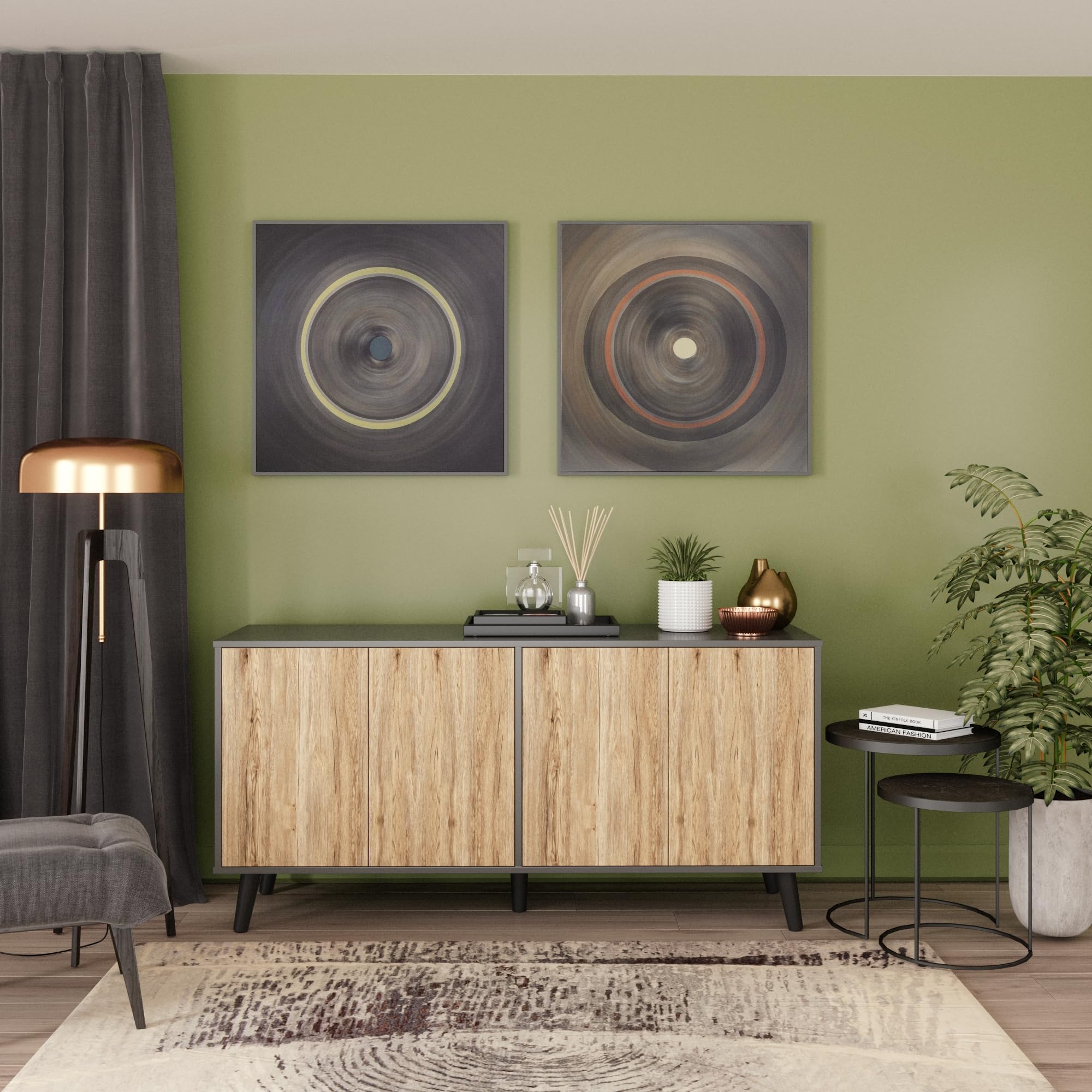 Sideboard Buffet Cabinet with Storage, 55" Kitchen Storage Cabinets with 4 Doors and Shelves (Dark Gray & Natural)