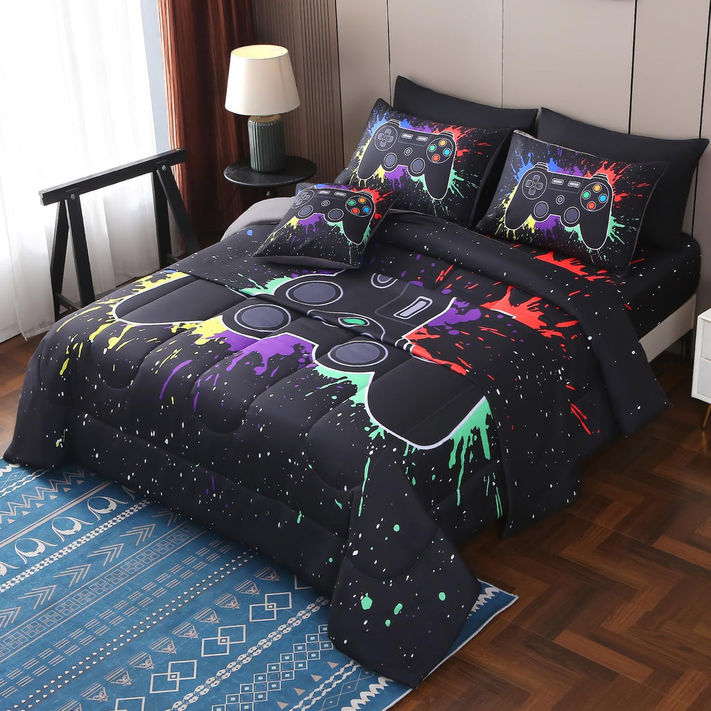 Jqinhome Full Gamer Comforter Sets For Boys,8 Piece Bed In A Bag 3D Video Game Bedding -All Season Microfiber Gamer Bedding Sets