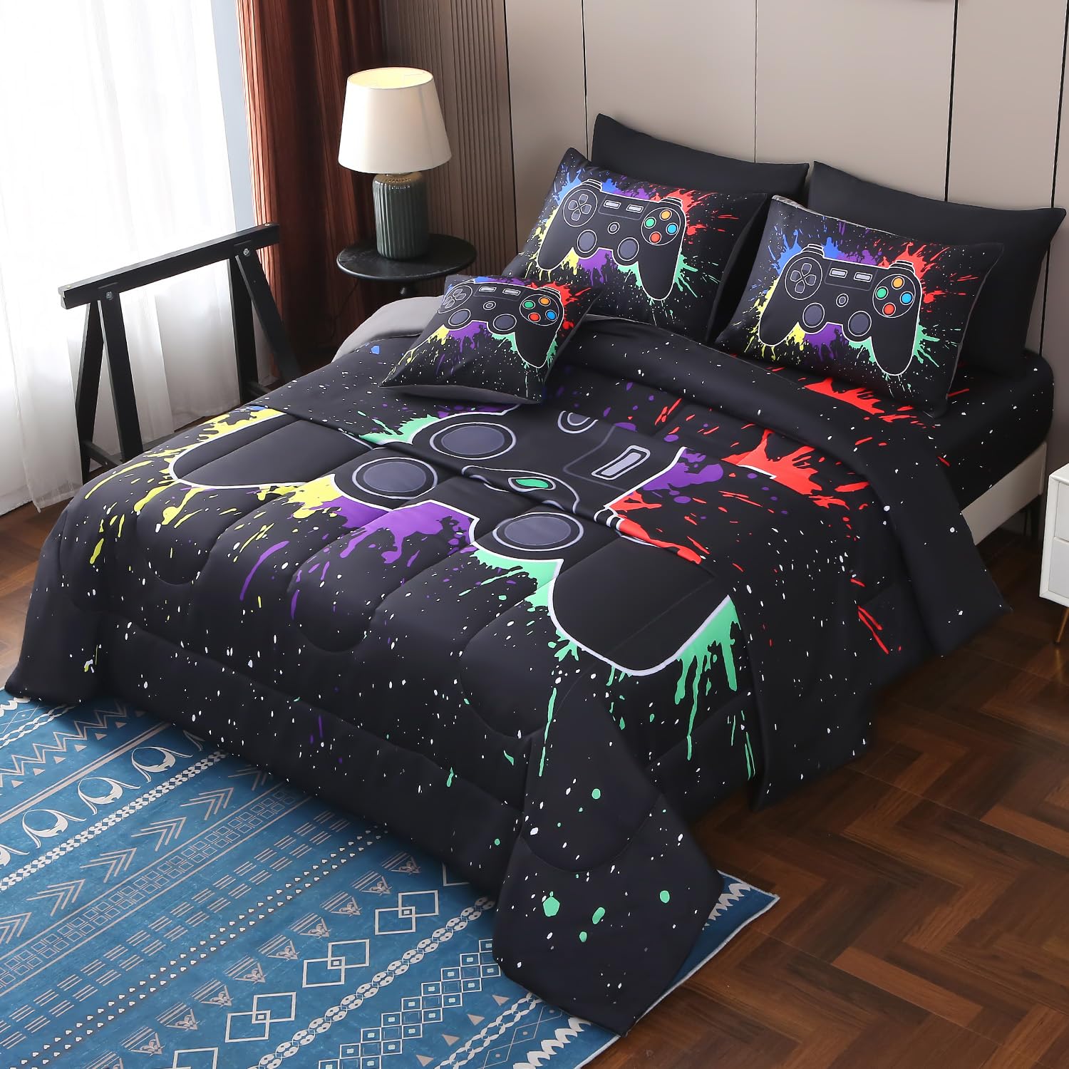 Jqinhome Full Gamer Comforter Sets For Boys,8 Piece Bed In A Bag 3D Video Game Bedding -All Season Microfiber Gamer Bedding Sets