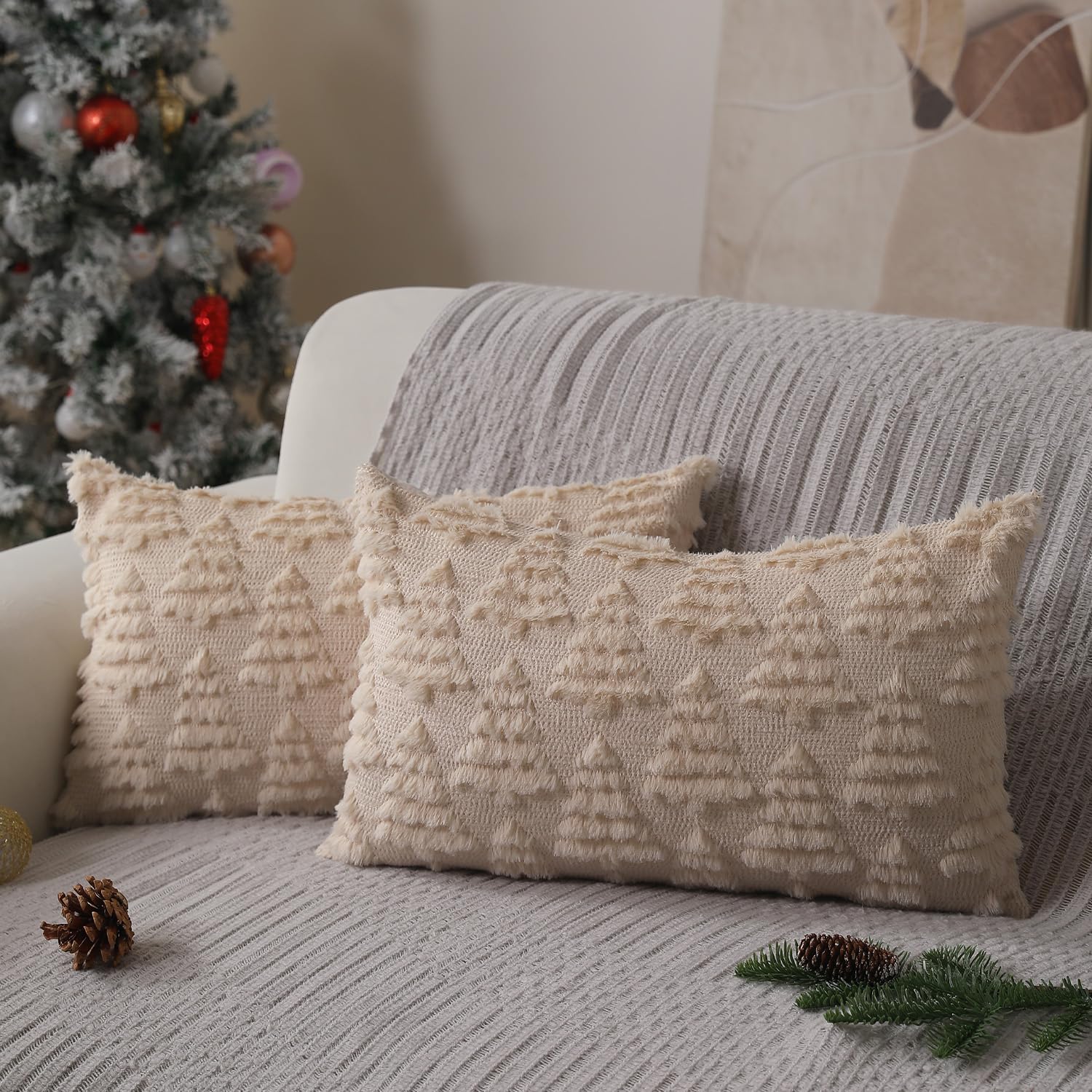 Allorry Christmas Pillow Covers 12 X 20 Set Of 2 Christmas Decoration Beige Christmas Tree Pillow Cases Plush Faux Fur Soft Cush