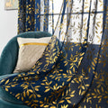 Sutuo Home Blue Sheer Curtains 63 Inch Length 2 Panels, Luxury Gold Foil Print Metallic Bronzing Vine Leaves, Privacy Window Tre