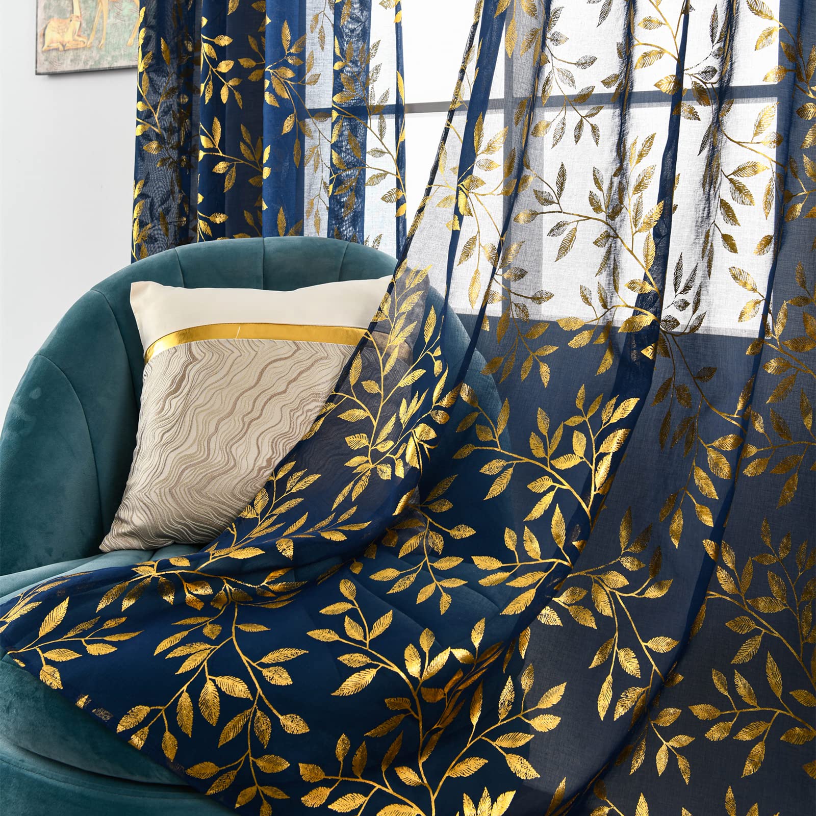 Sutuo Home Blue Sheer Curtains 63 Inch Length 2 Panels, Luxury Gold Foil Print Metallic Bronzing Vine Leaves, Privacy Window Tre