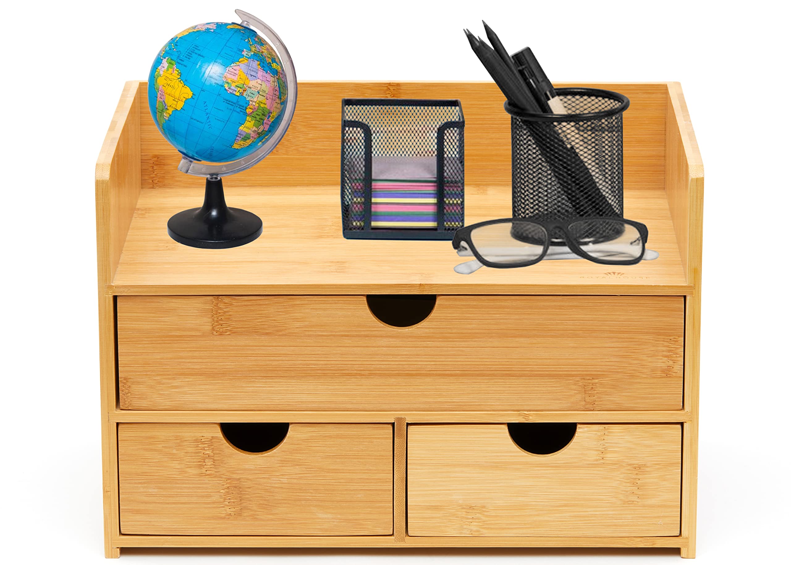 Royalhouse Premium Natural Bamboo Desktop Organizer, Attractive Design 3 Tier, Table Top Storage For Documents & Office Supplies