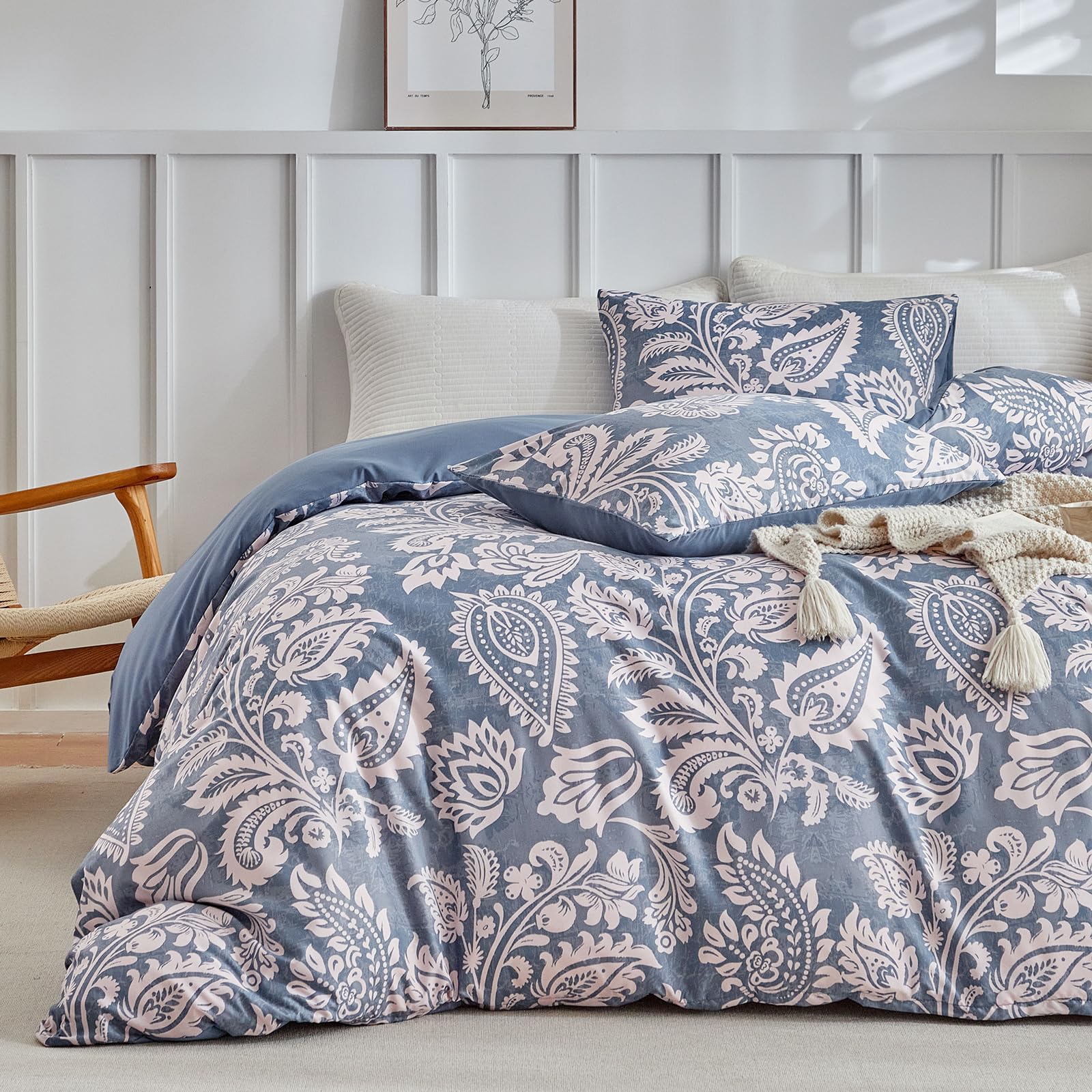 Lekesky Blue Duvet Cover King Size, Paisley Patterned Duvet Cover Set With Zipper, 3 Pcs Soft Microfiber Duvet Cover Floral Bedd