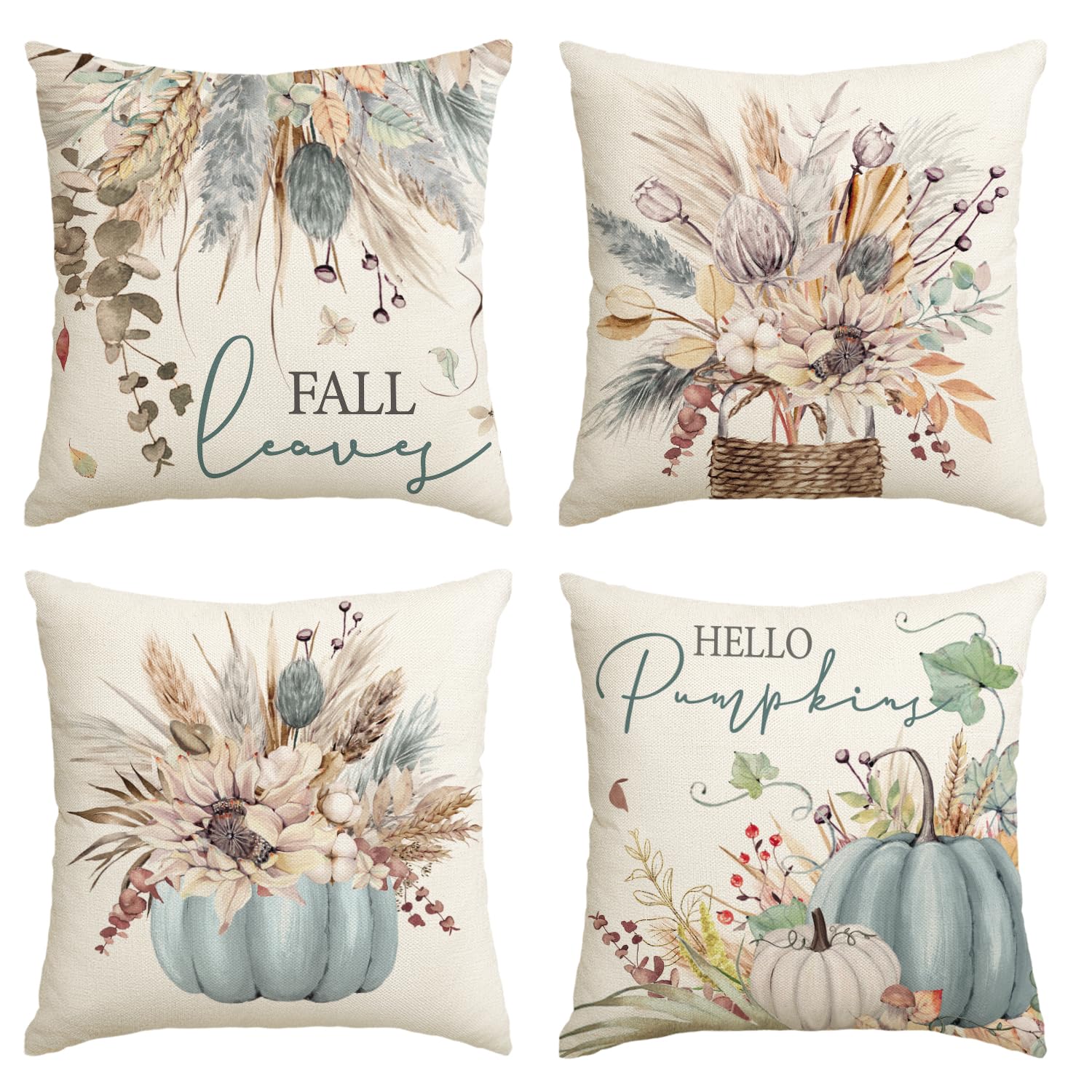 AVOIN colorlife Fall Pumpkin Wheat Cotton Sunflower Jar Autumn Thanksgiving Throw Pillow Covers, 16 x 16 Inch Seasonal Blue Cush