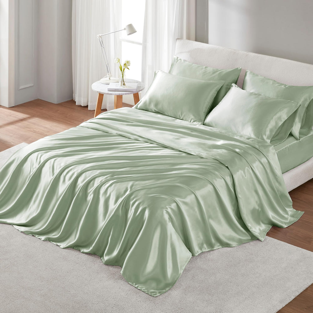 Madison Park Essentials Satin Sheets Twin Size, Luxurious Silky Satin Bed Sheets, Elastic 14' Pocket Fits Up To 16' Mattress, Wrinkle-Free, Soft Satin Bed Sheet Set, Sage 4 Piece