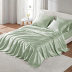 Madison Park Essentials Satin Sheets Twin Size, Luxurious Silky Satin Bed Sheets, Elastic 14' Pocket Fits Up To 16' Mattress, Wrinkle-Free, Soft Satin Bed Sheet Set, Sage 4 Piece