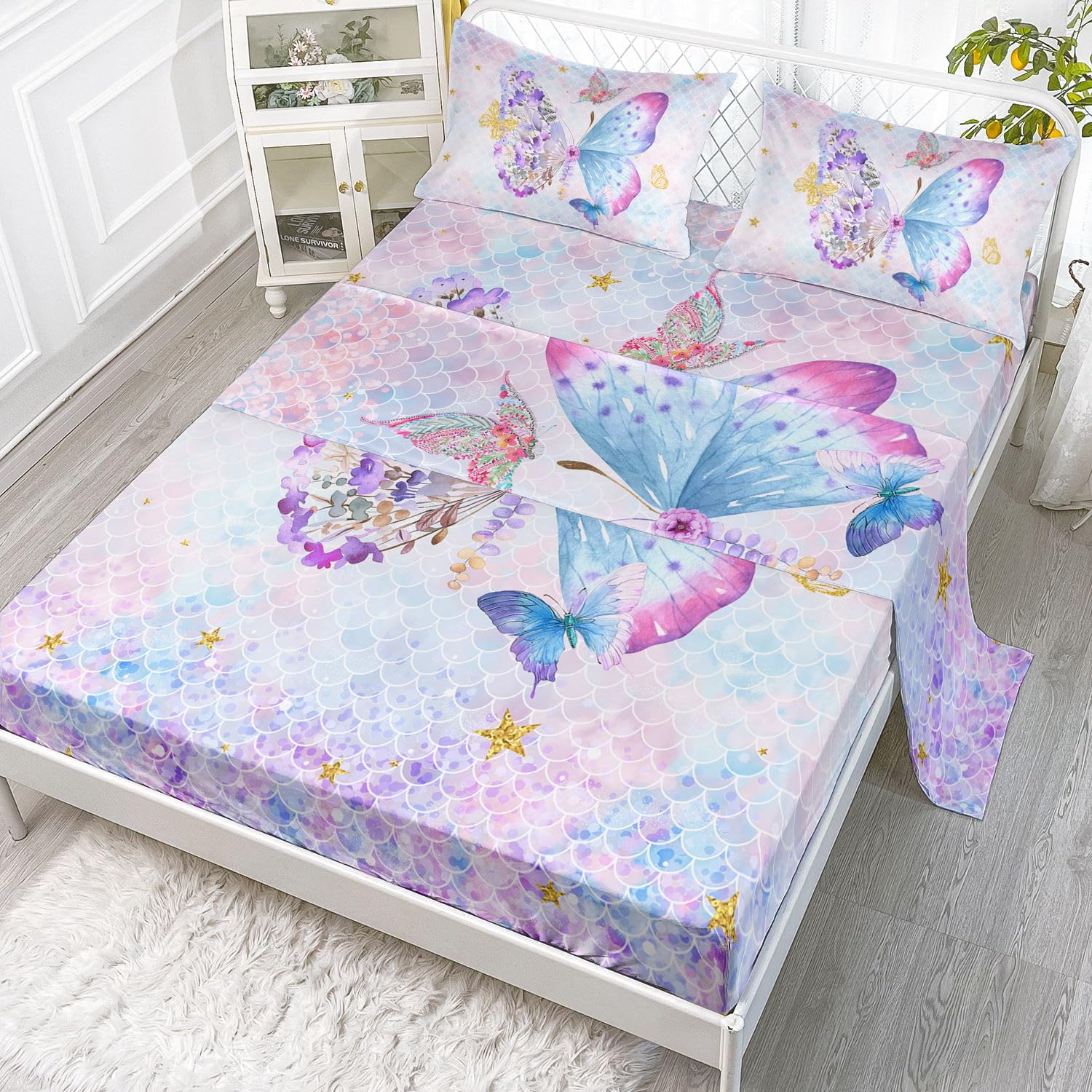 Datura Home Bedding Fitted Sheet And Flat Sheet Set 4Pcs Butterfly Scales Printed Bedding Set With 1 Flat Sheet And 1 Fitted She