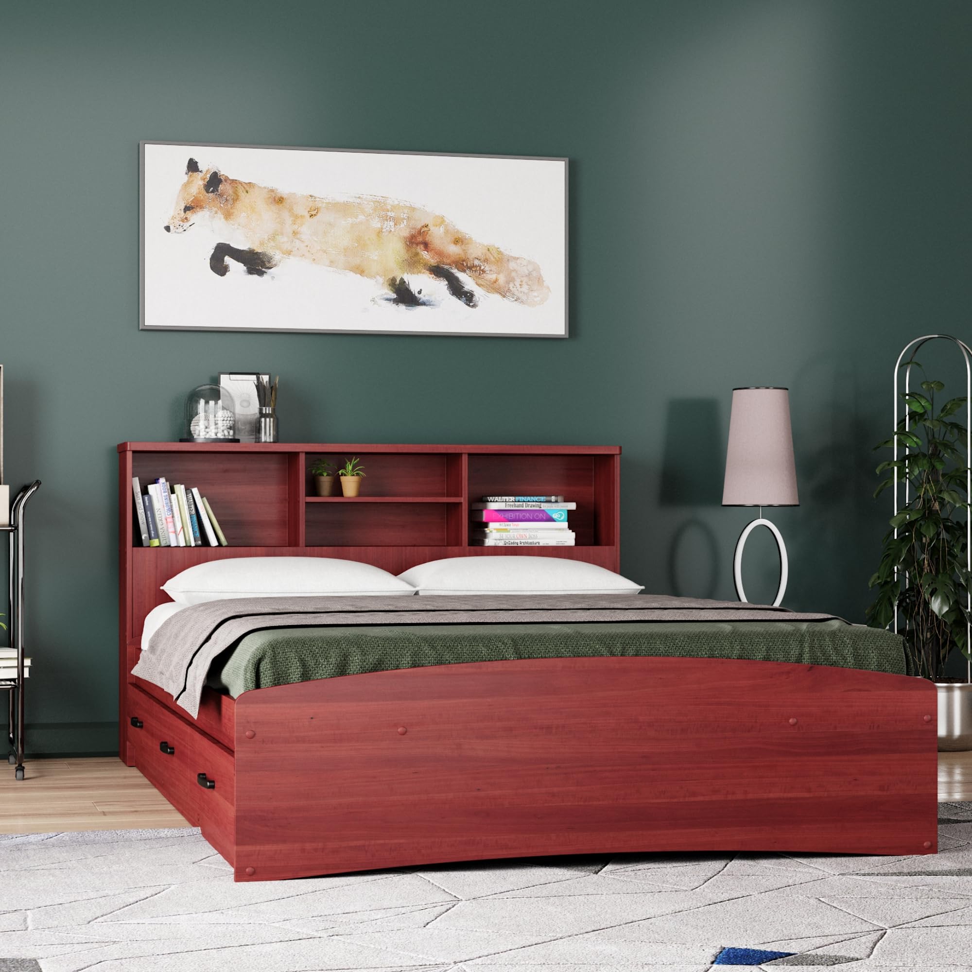 Bed with 3 Drawers and Bookcase Headboard (Mahogany, Queen)