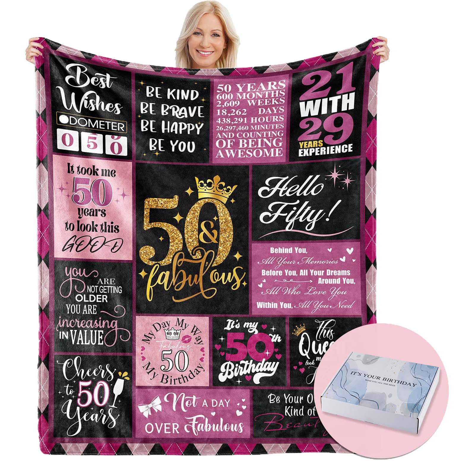 50 Birthday Gifts For Women, 50Th Birthday Blanket With Gift Box, 50Th Birthday Decorations Gift Ideas For Her, 50 Year Old Gift